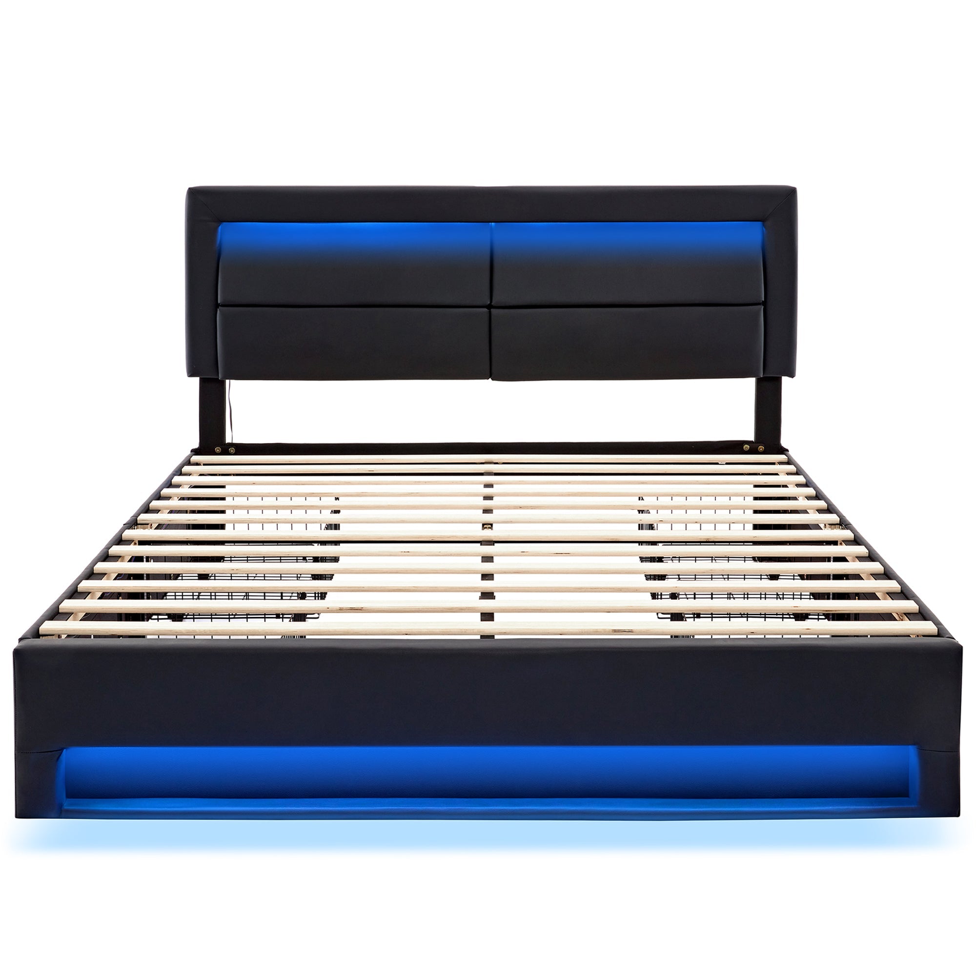 Upholstered Bed 160x200cm with USB Charging, LED Lighting and 4 Drawers, Black PU Lychee Pattern