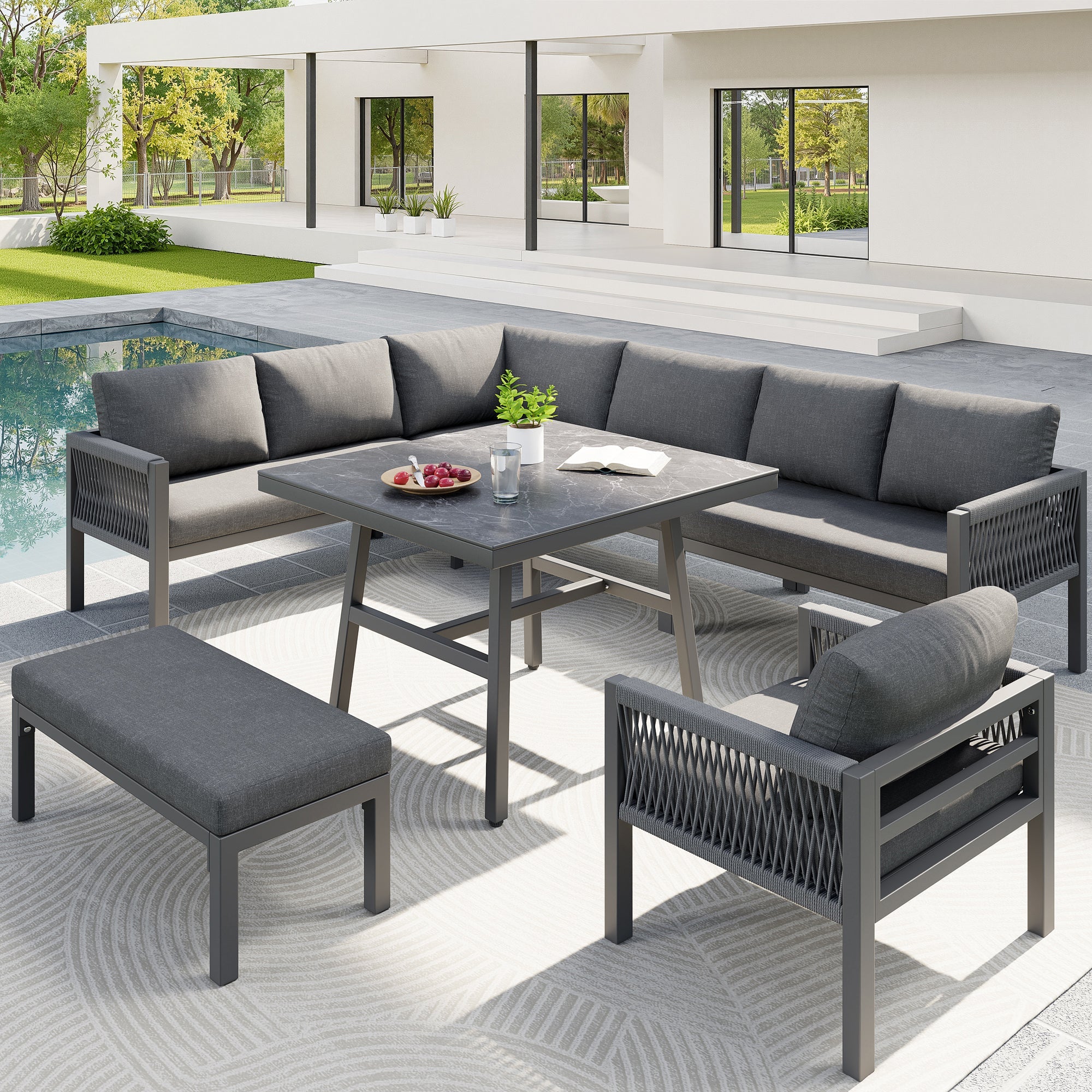 L-Shaped Garden Sofa Set Handwoven 8-Seater Iron Frame Table 2 Armchairs - Grey