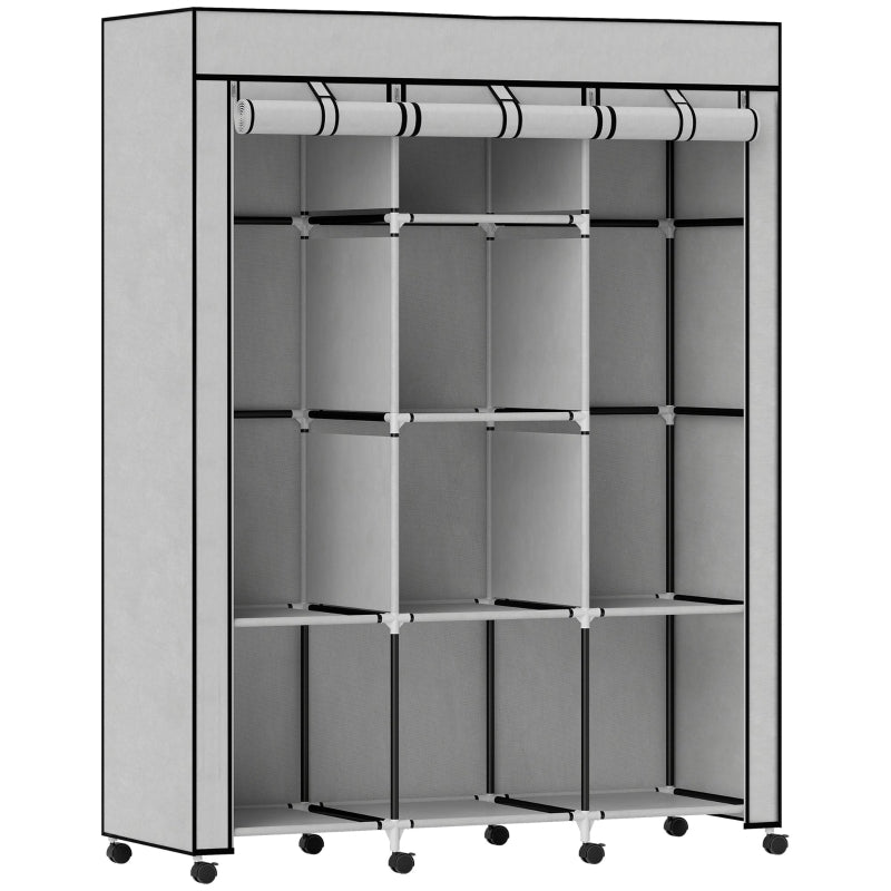 Fabric Wardrobe 8 Shelves 2 Clothes Rails - Grey