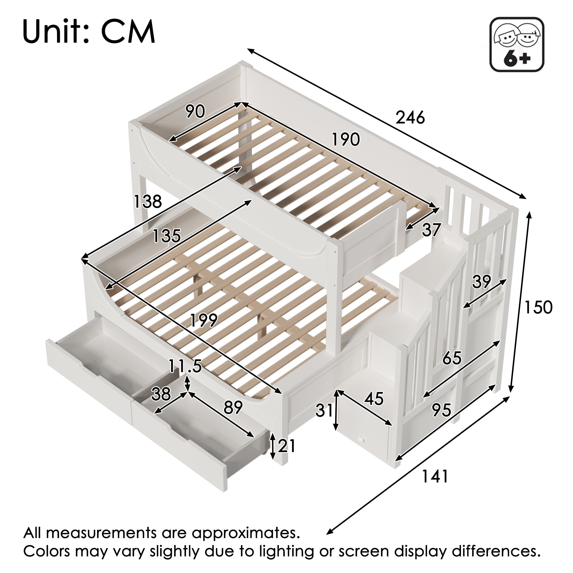 Bunk Beds for Kids, Staircase with Drawers and Storage, Solid Wood, White