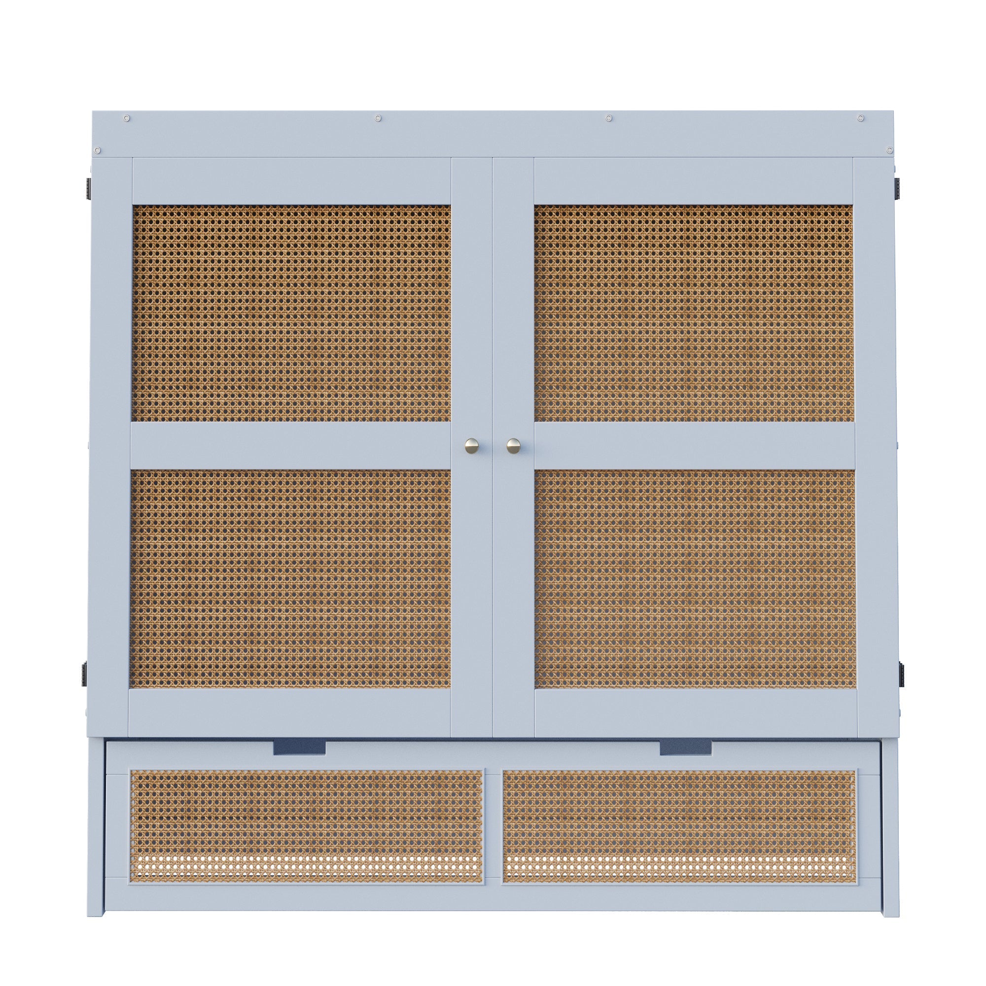 Wall Bed 140x200cm, Slatted Frame, Storage Drawers, Rattan Design, Grey