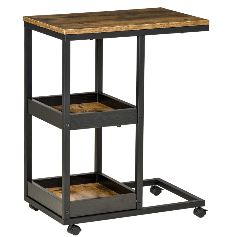 Industrial Mobile Side Table, C-Shaped, 3-Tier Storage, Rolling, Steel Frame - Brown