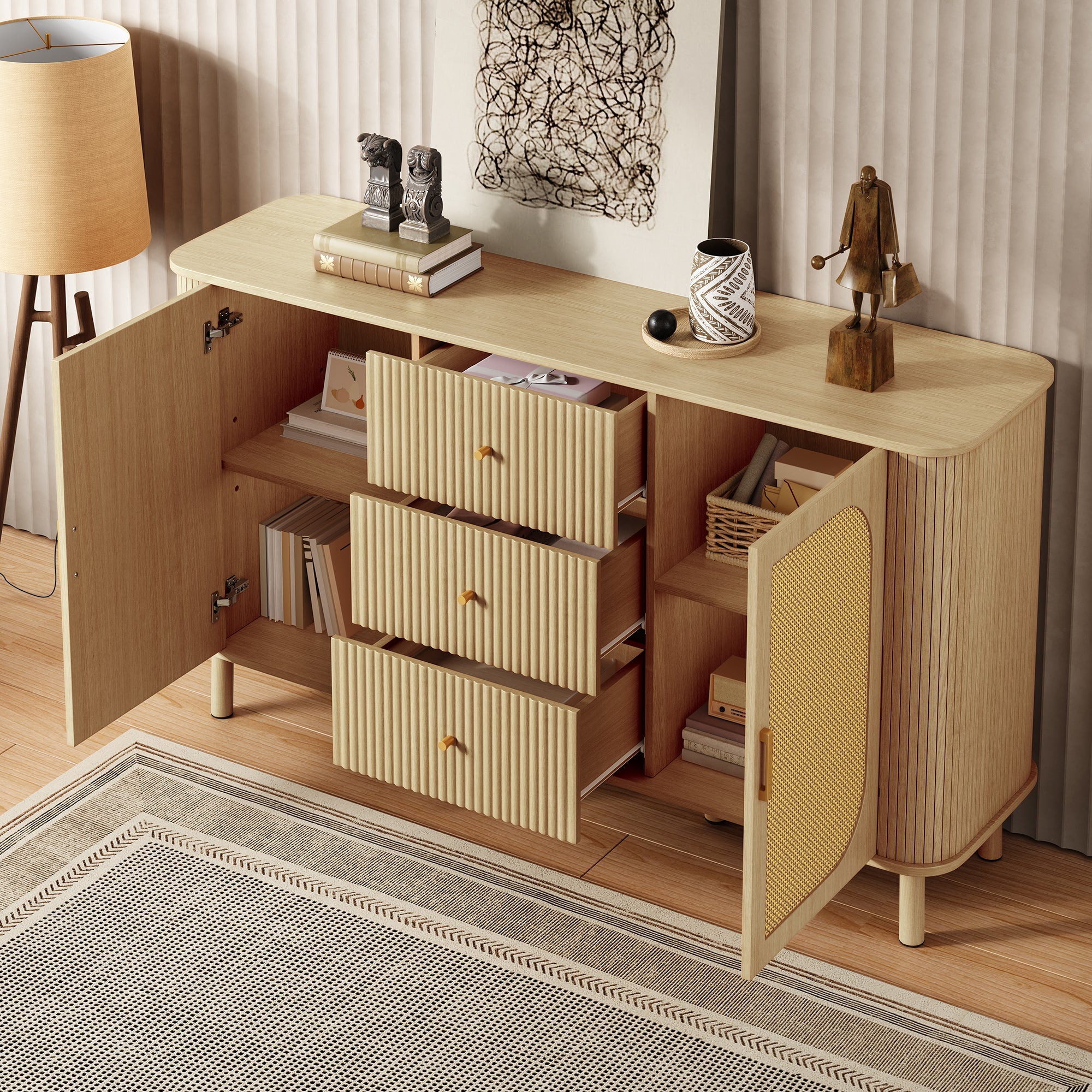 Sideboard, Drawers Shelves Metal Legs, Wood Look