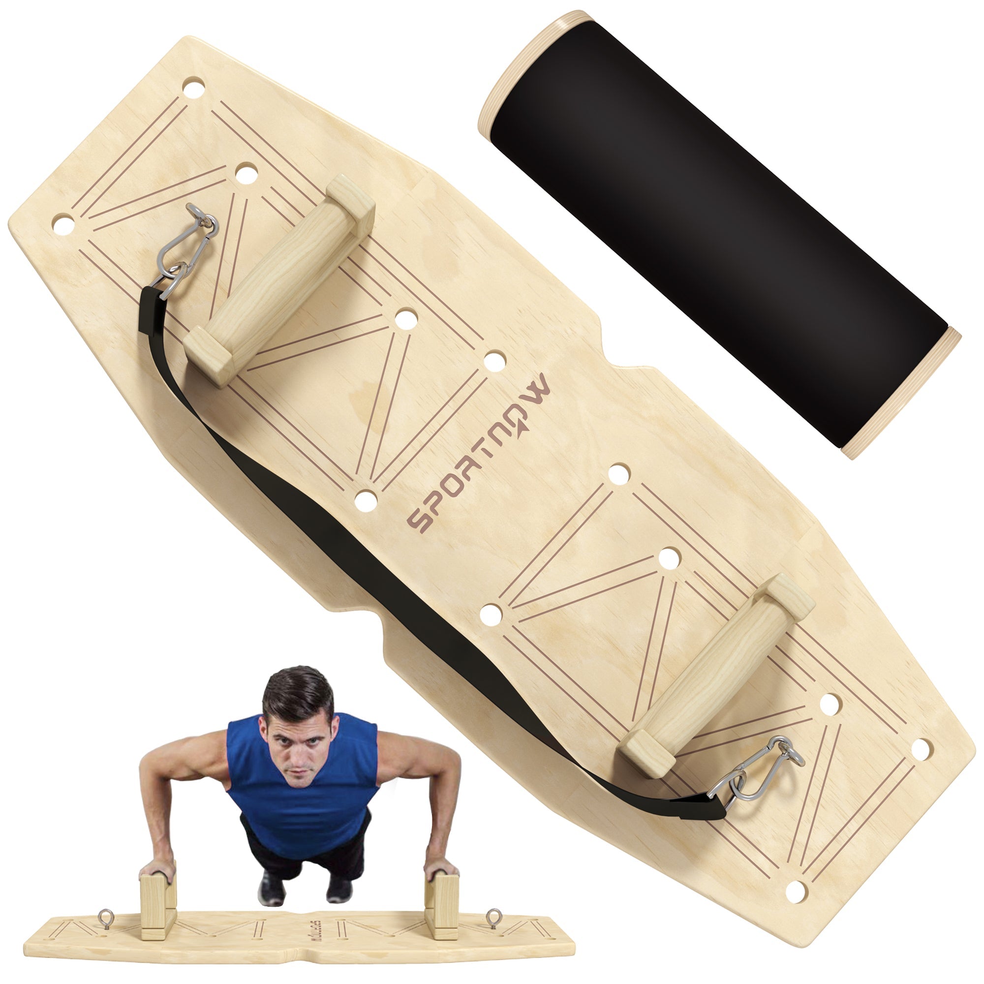 Wooden Push-Up Bars 8-Hole Fitness Parallettes Resistance Bands, Natural