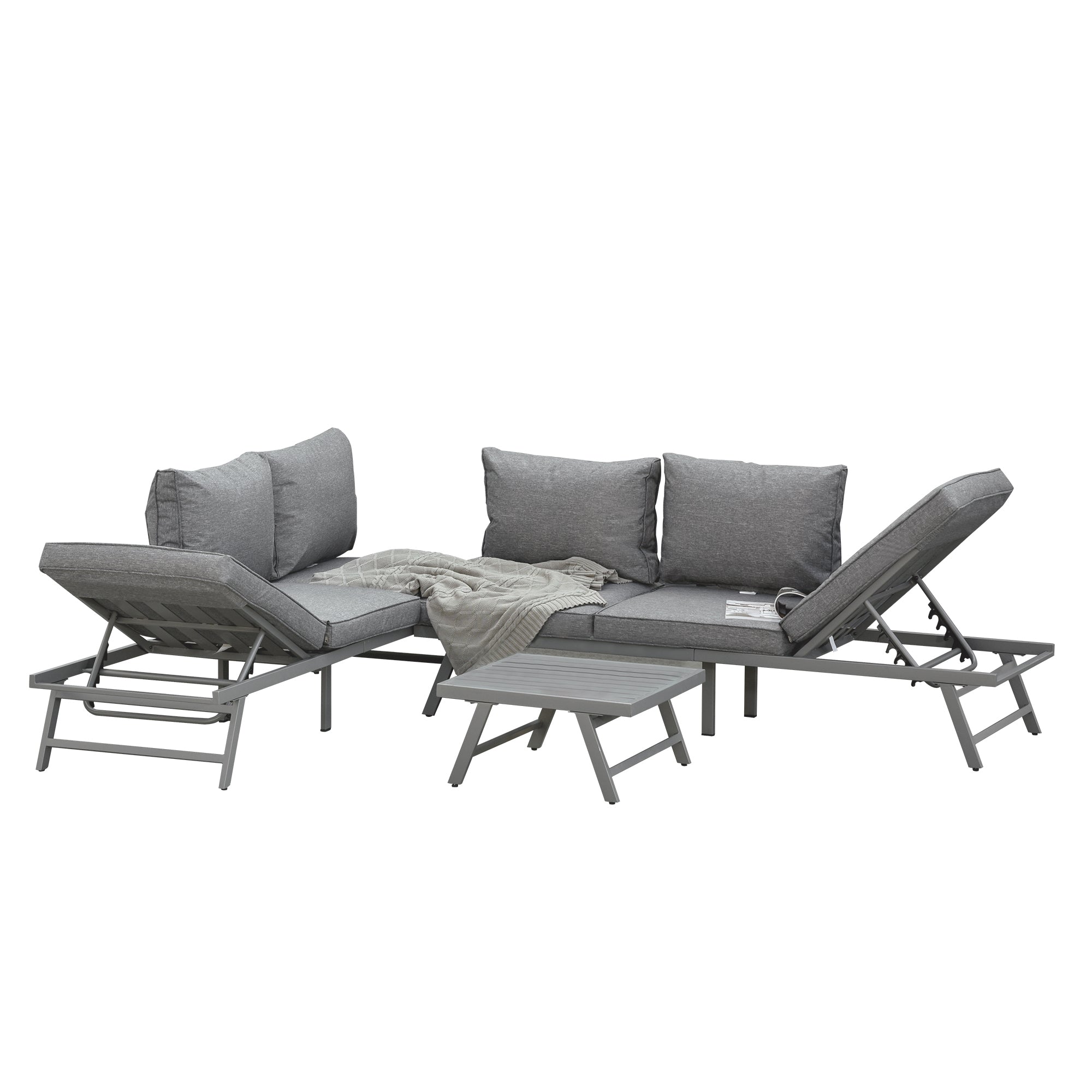 3 Pcs Garden Seating Set Convertible Sofa Lounge Table Padded Cushions Grey