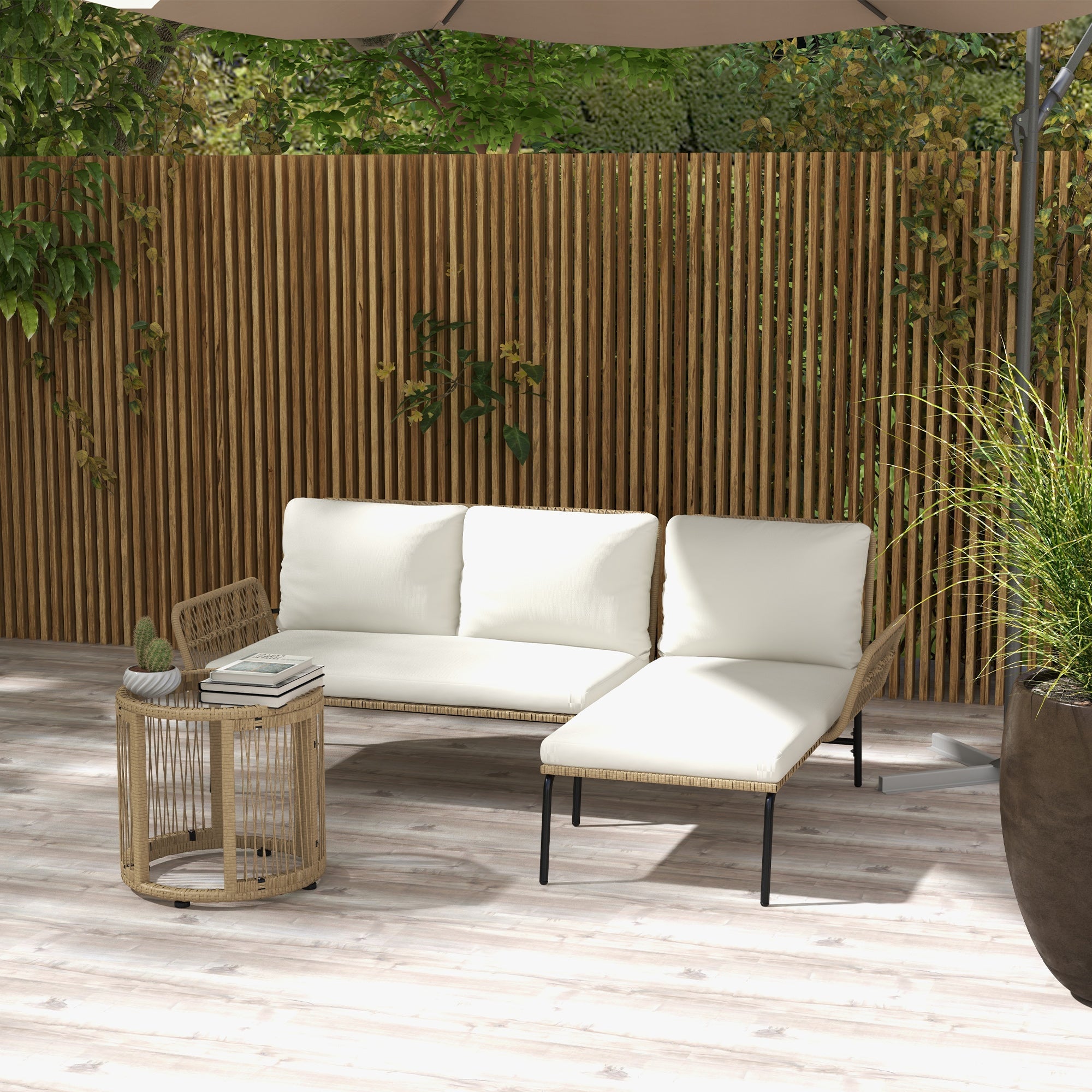 Rattan Garden Furniture Set with Sun Lounger, Coffee Table, Loveseat & Cushions, Cream