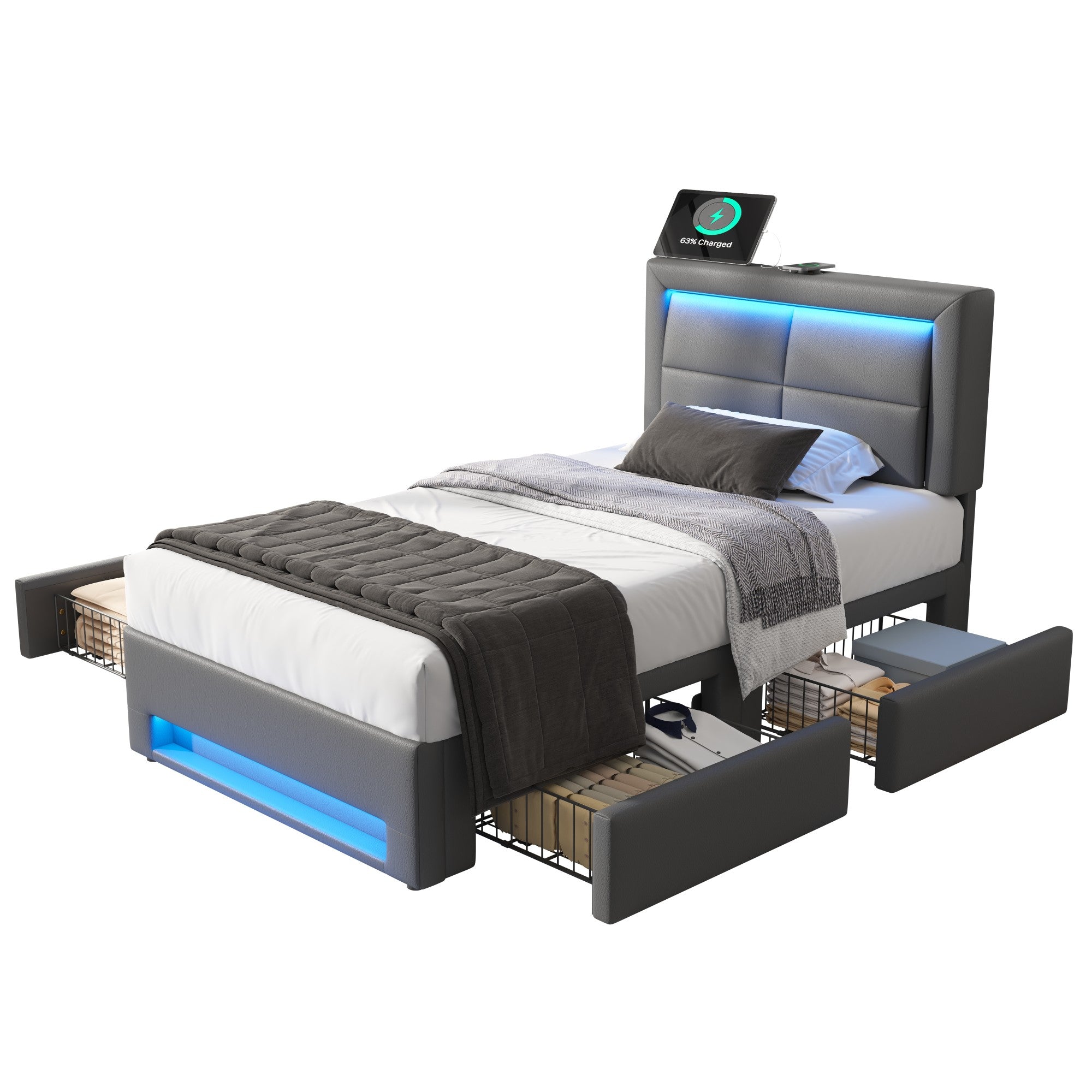 Upholstered Bed 90x200cm USB/Wireless Charging LED Lights 4 Drawers PU Lychee Pattern Grey
