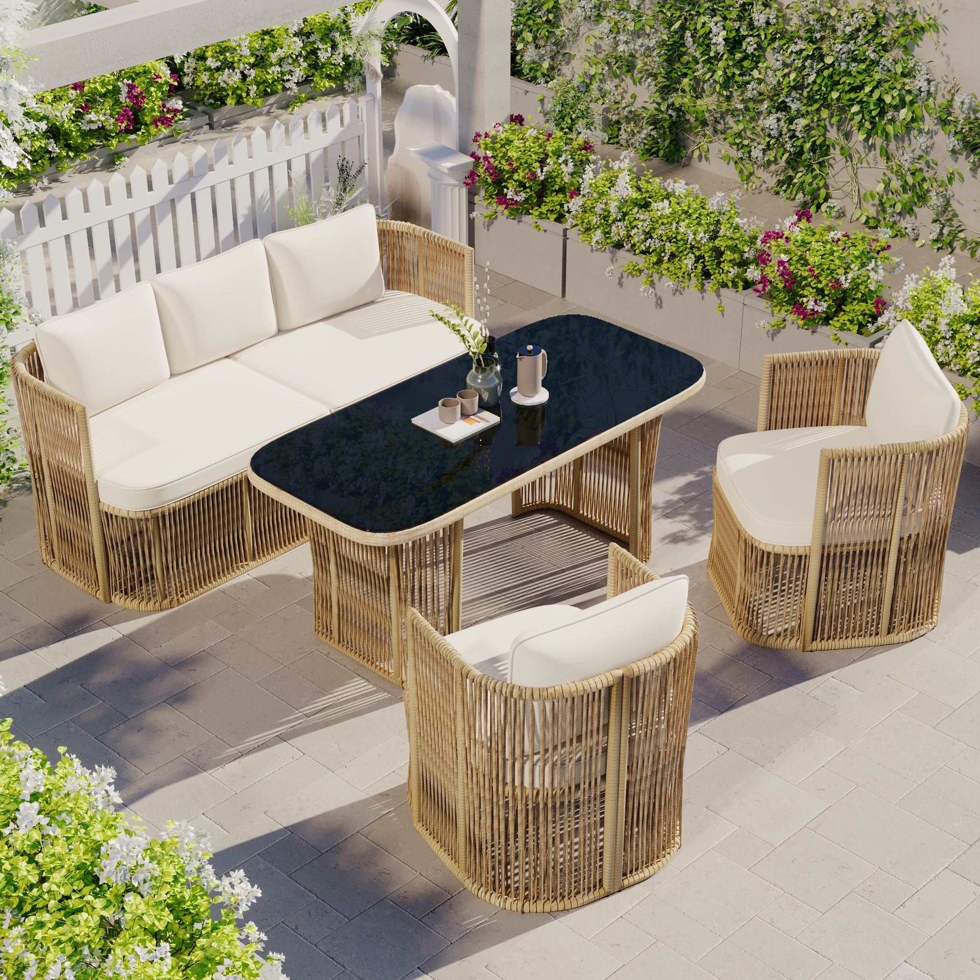 4-Piece Garden Furniture Set with 3-Seater Sofa, 2 Armchairs and Glass Table, PE Rattan and Steel