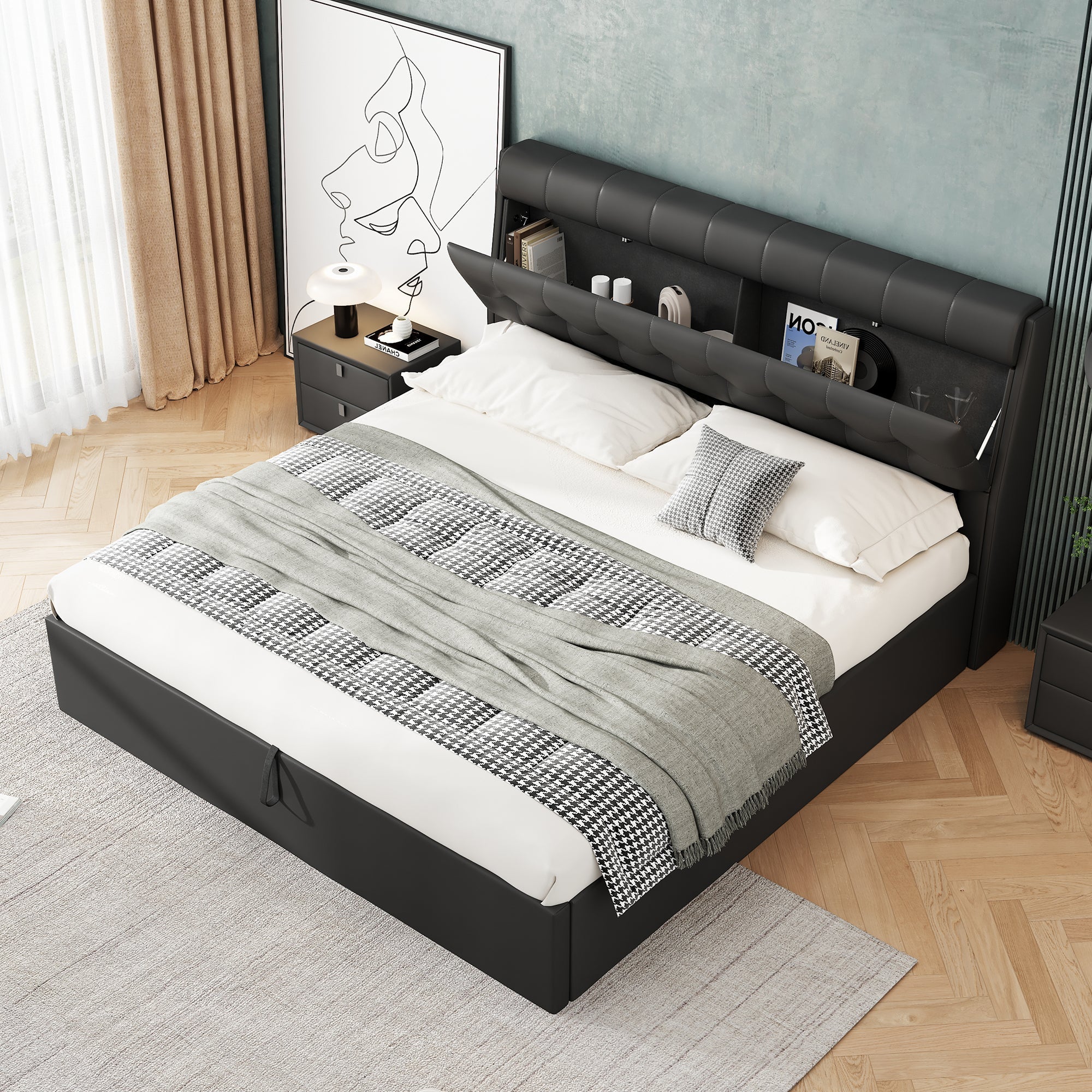 Upholstered Bed with Hydraulic Storage and Concealed Headboard Shelf, 180x200cm, Black PU