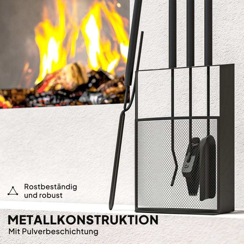 Fireplace Tool Set 5-Piece with Stand - Black Metal