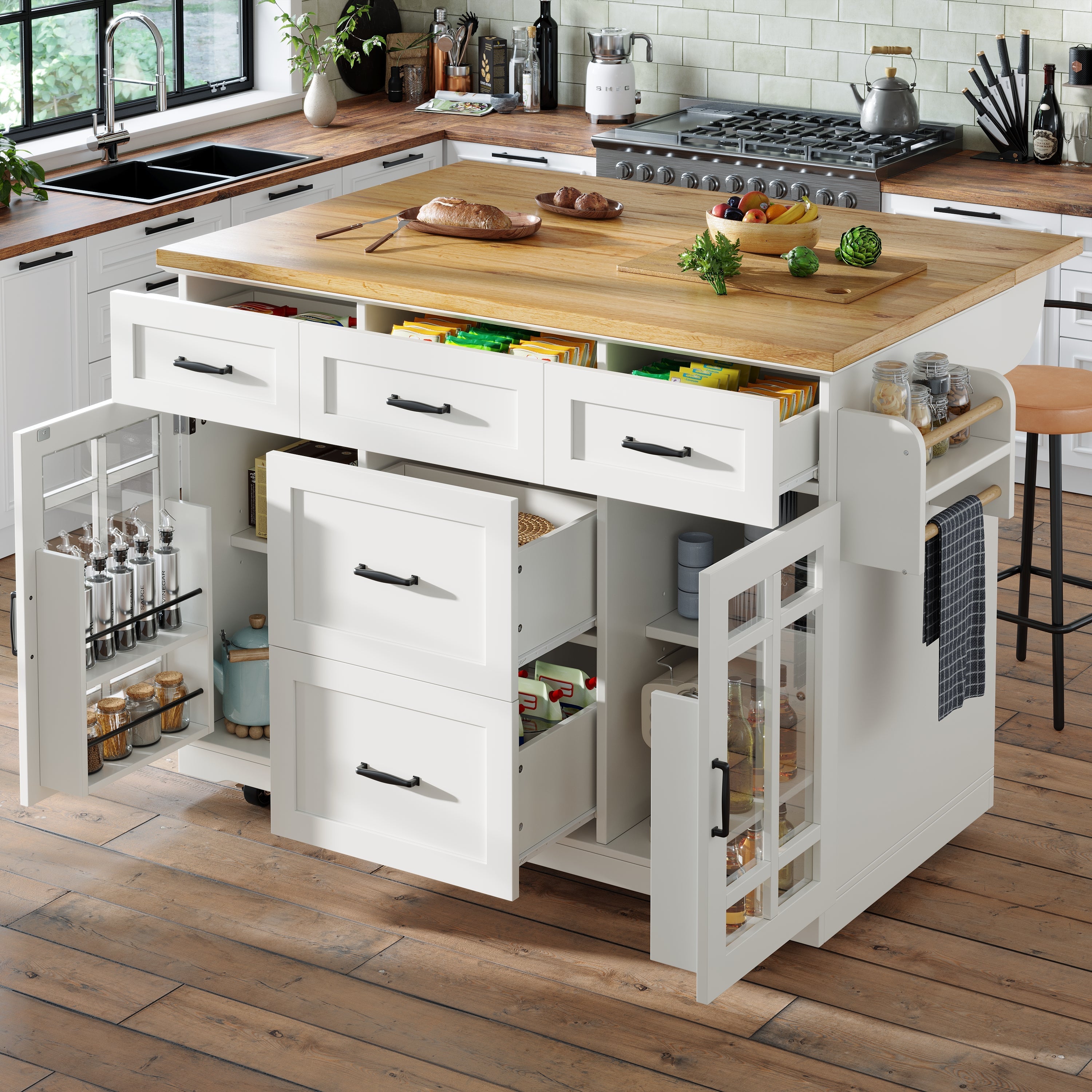 Kitchen Island, Mobile Serving Trolley with 2 Doors, 5 Drawers & Adjustable Shelves, White