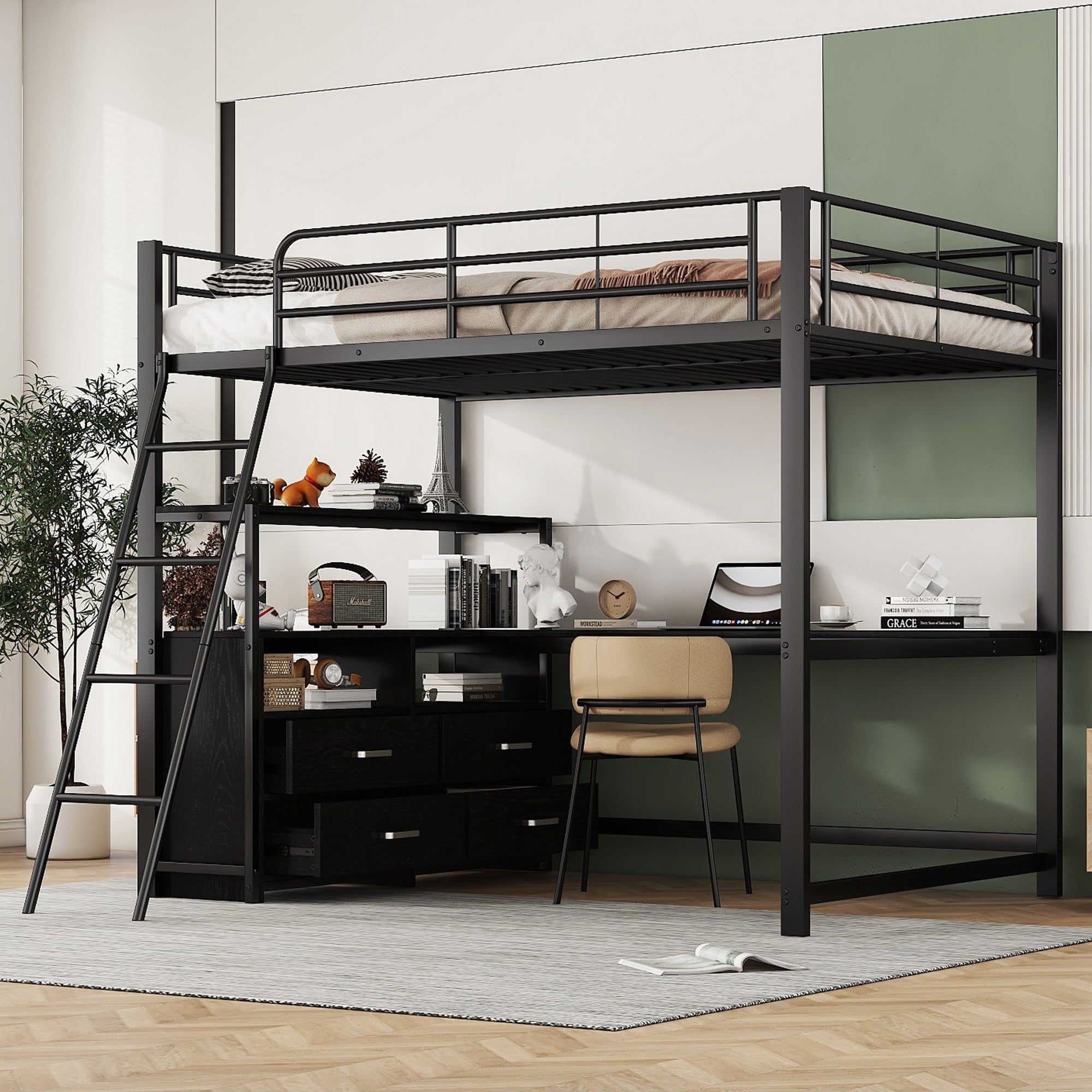 Loft Bed 140x200cm Iron Frame Drawers L-Shaped Desk - Black