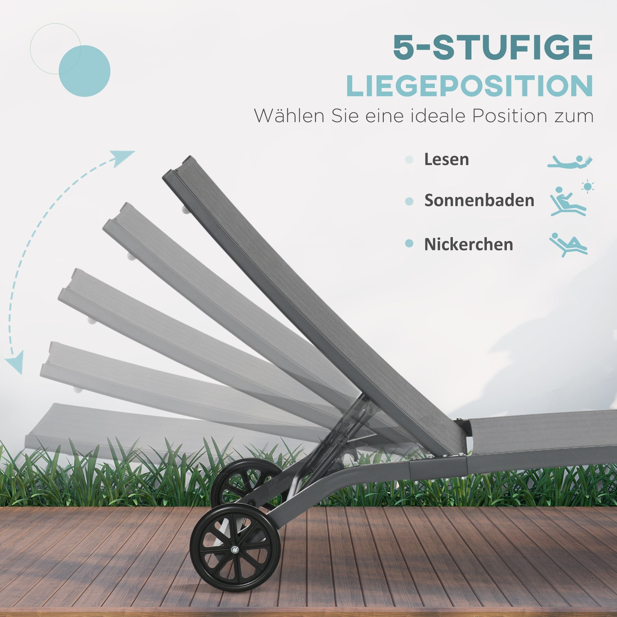 Sun Lounger/Deck Chair Adjustable Wheels Polyester Aluminum Blue