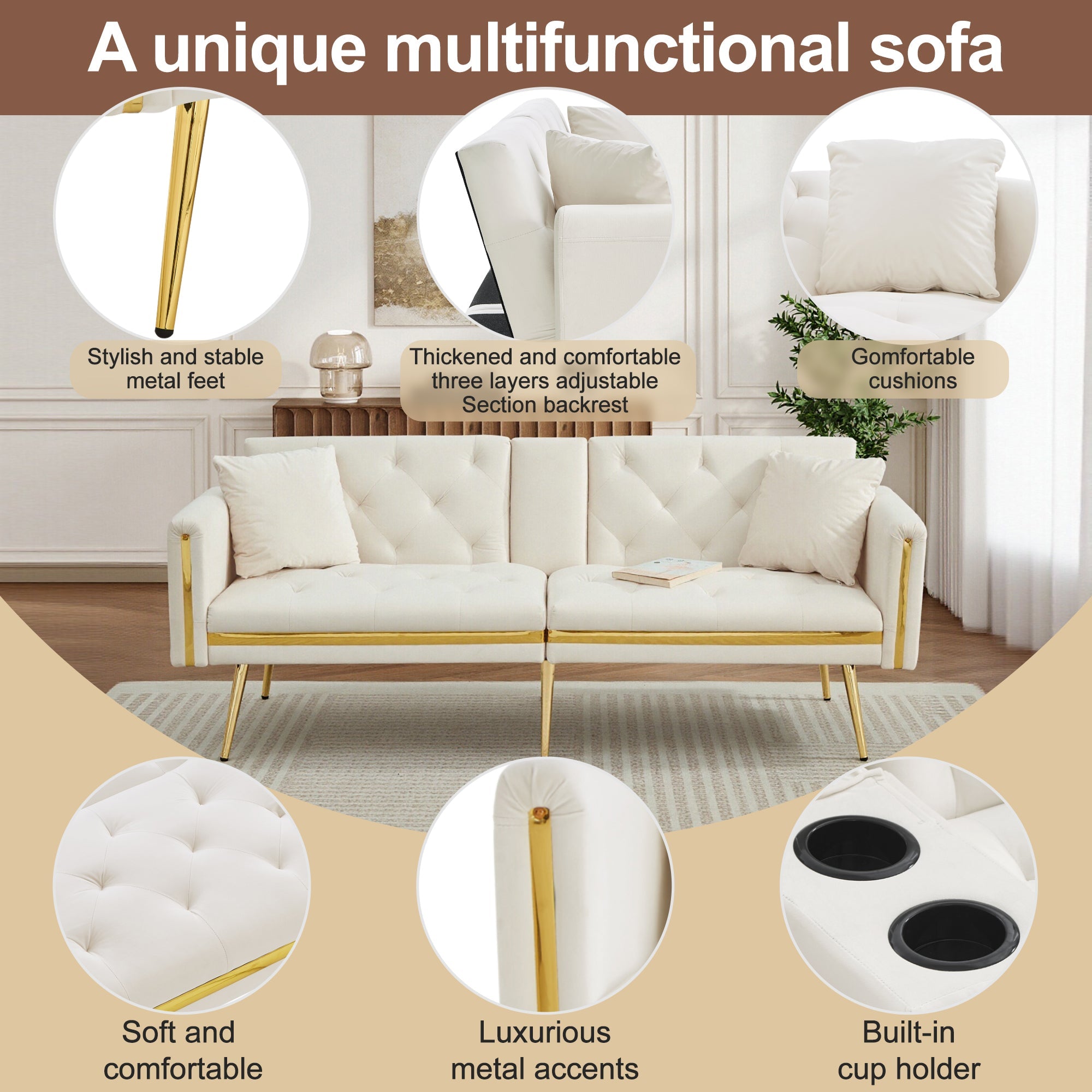 Two-seater Sofa Bed, Adjustable Backrest and Cup Holders, Velvet