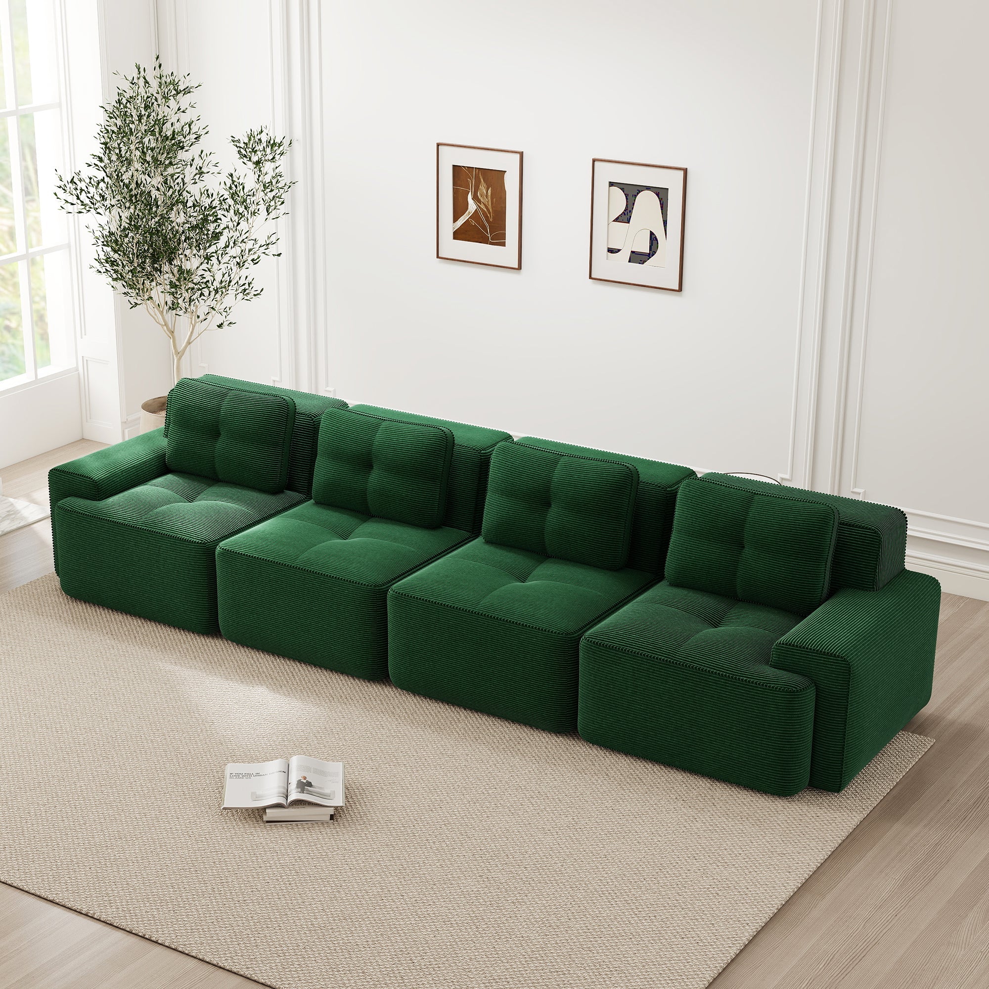 Modular Sofa 4-Seater Deep Seat Corduroy Assembly-Free - Green