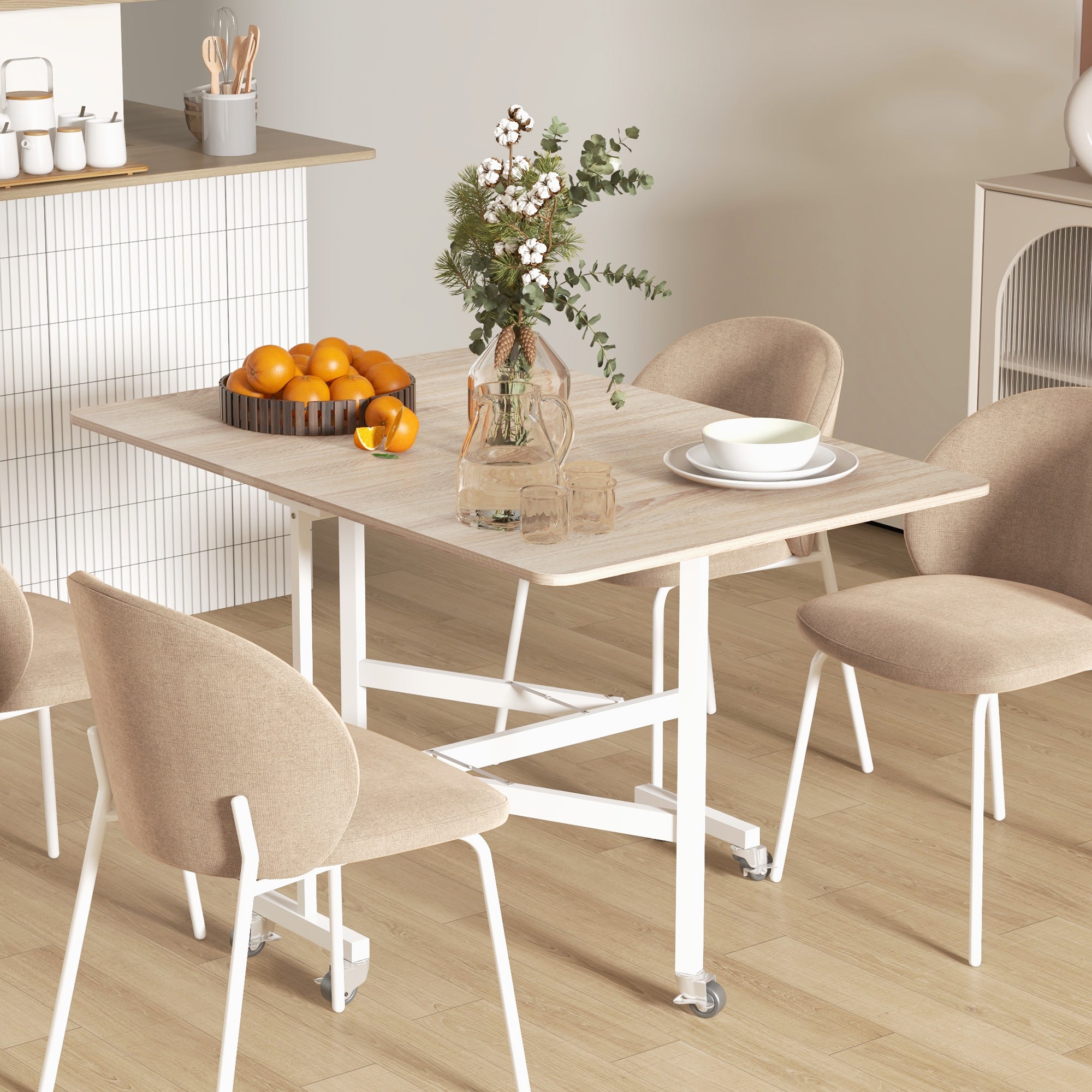 Dining Table for 4-6 People, Foldable with Wheels, Steel Frame, Oak