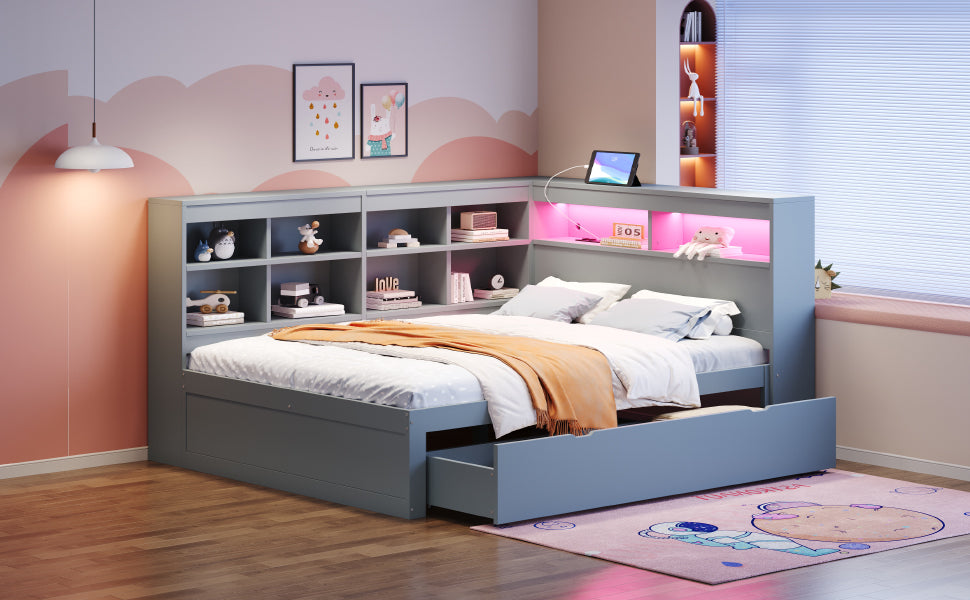 Solid Wood Sofa 140x200cm, Extra Large Drawers, USB, LED, Grey
