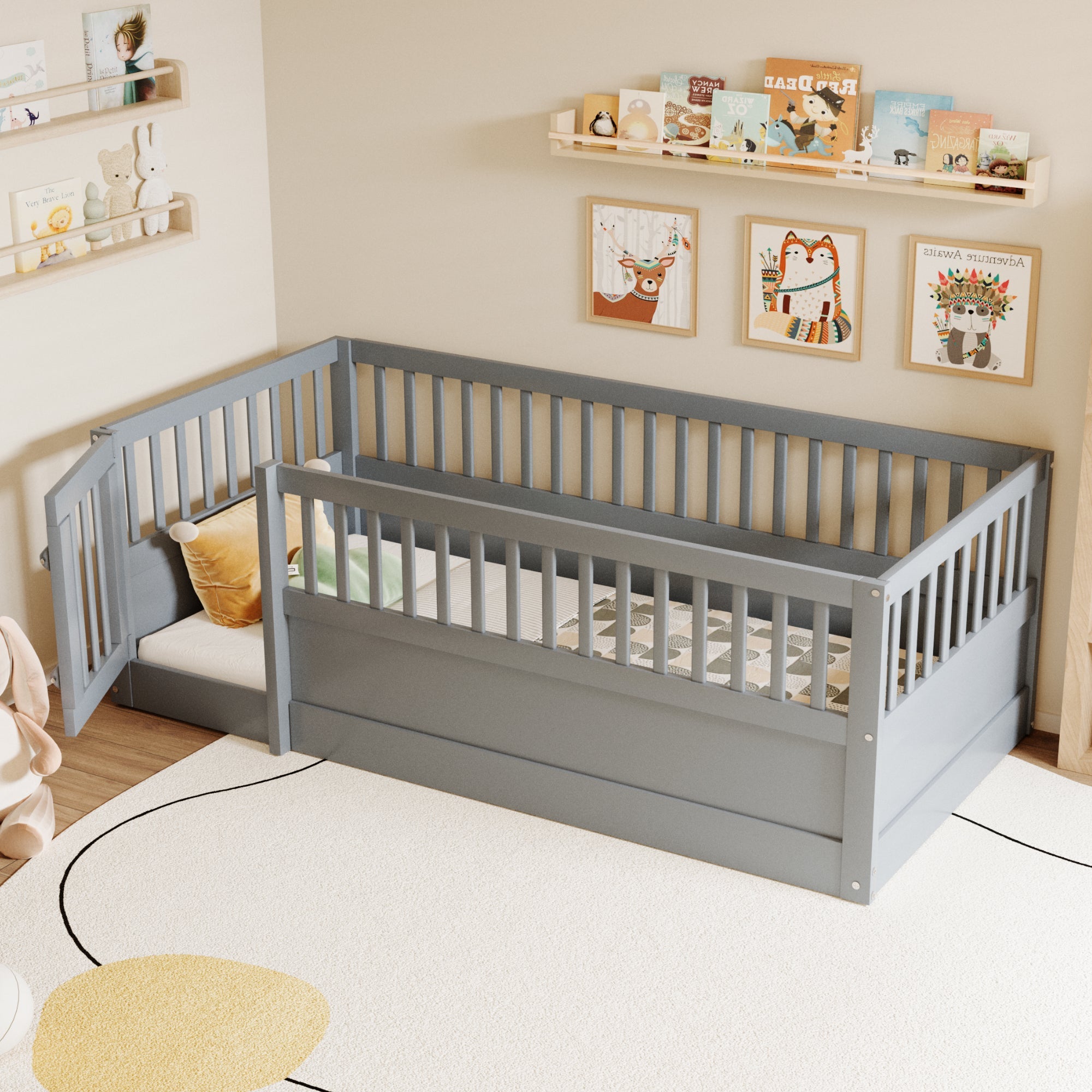 Children's Bed 90x200cm with Railing and Door, Wood, Grey