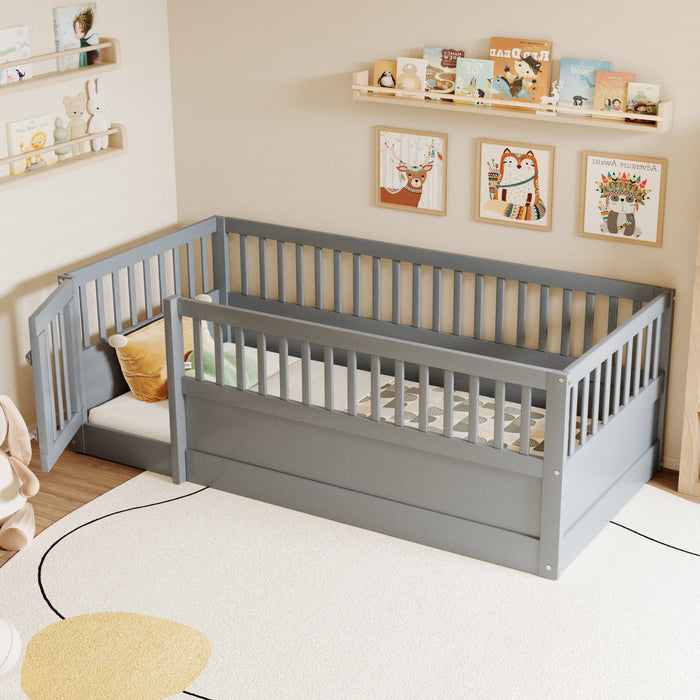 Children's Bed 90x200cm with Railing and Door, Wood, Grey