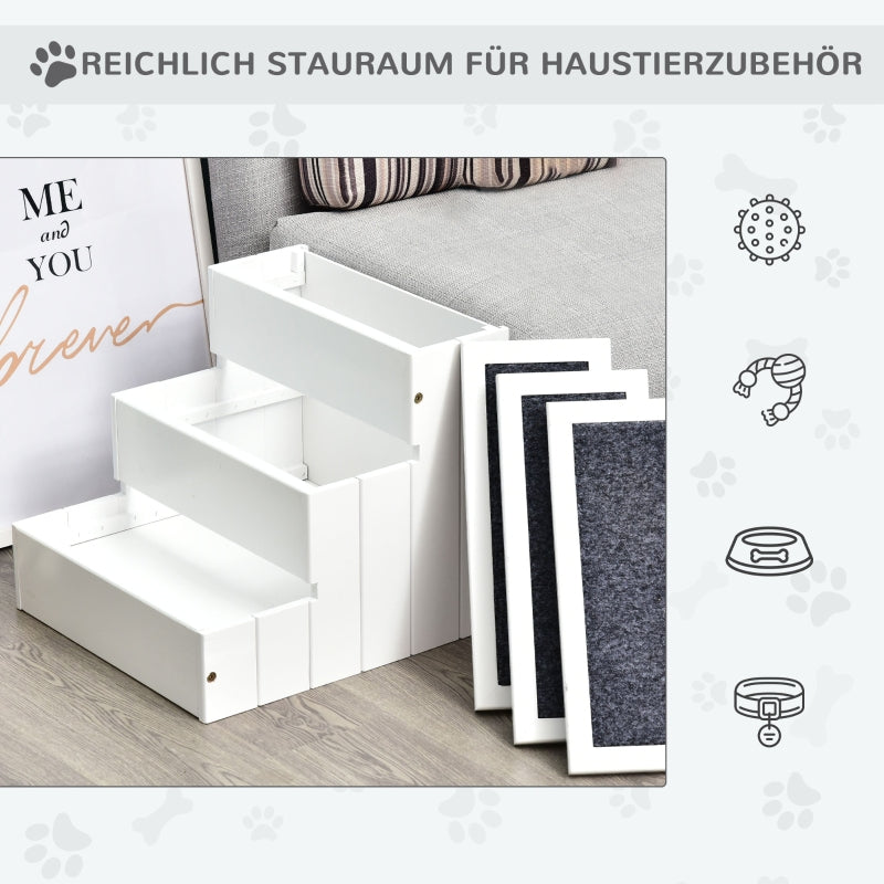 Hundetreppe, 3 Stufen Einstiegshilfe für Haustiere mit Stauraum, Tannenholz Weiß