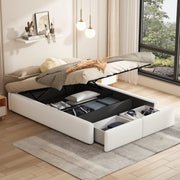 Upholstered Platform Bed 140x200cm Hydraulic Storage 2 Drawers - White