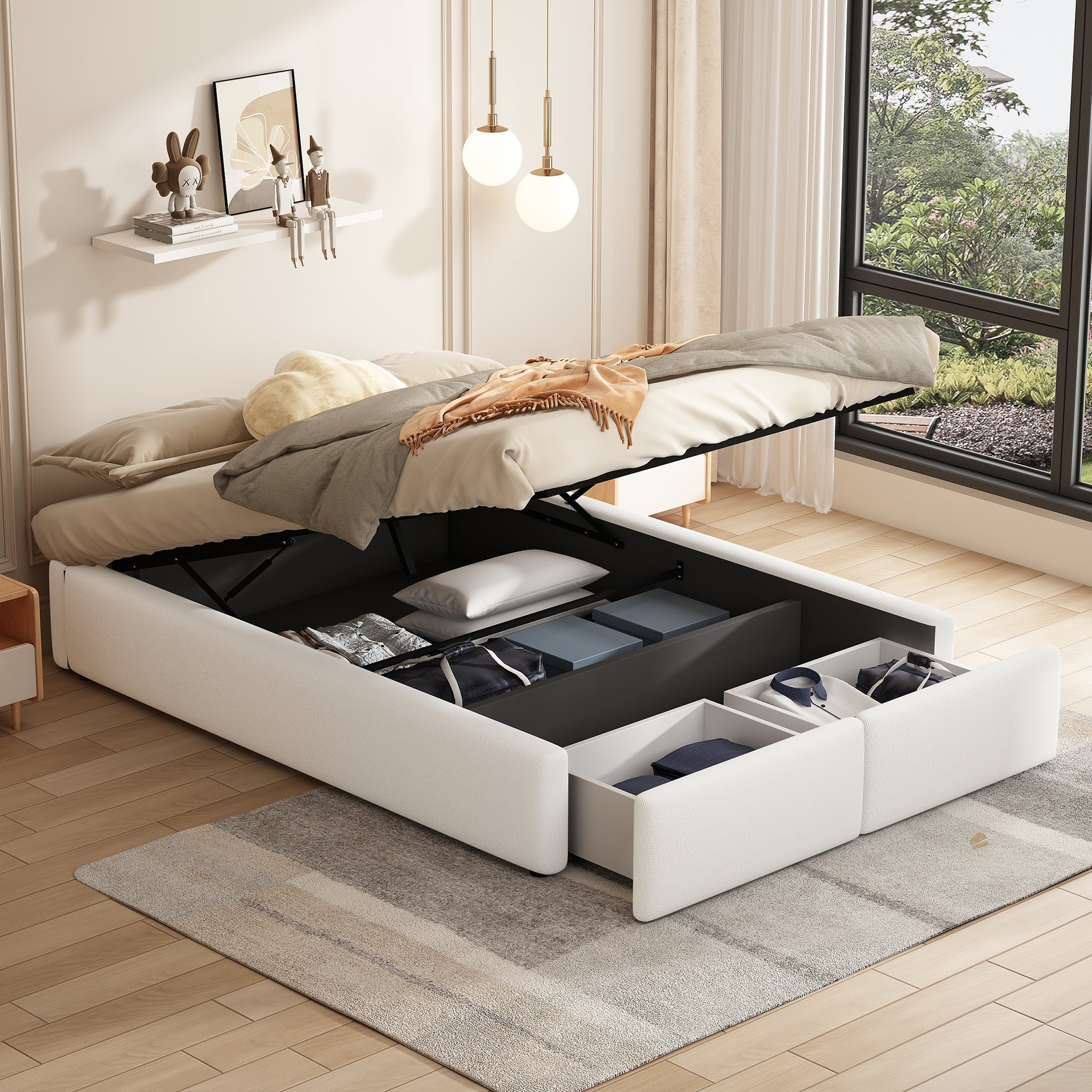 Upholstered Platform Bed 140x200cm Hydraulic Storage 2 Drawers - White
