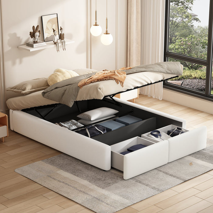 Upholstered Platform Bed 140x200cm Hydraulic Storage 2 Drawers - White