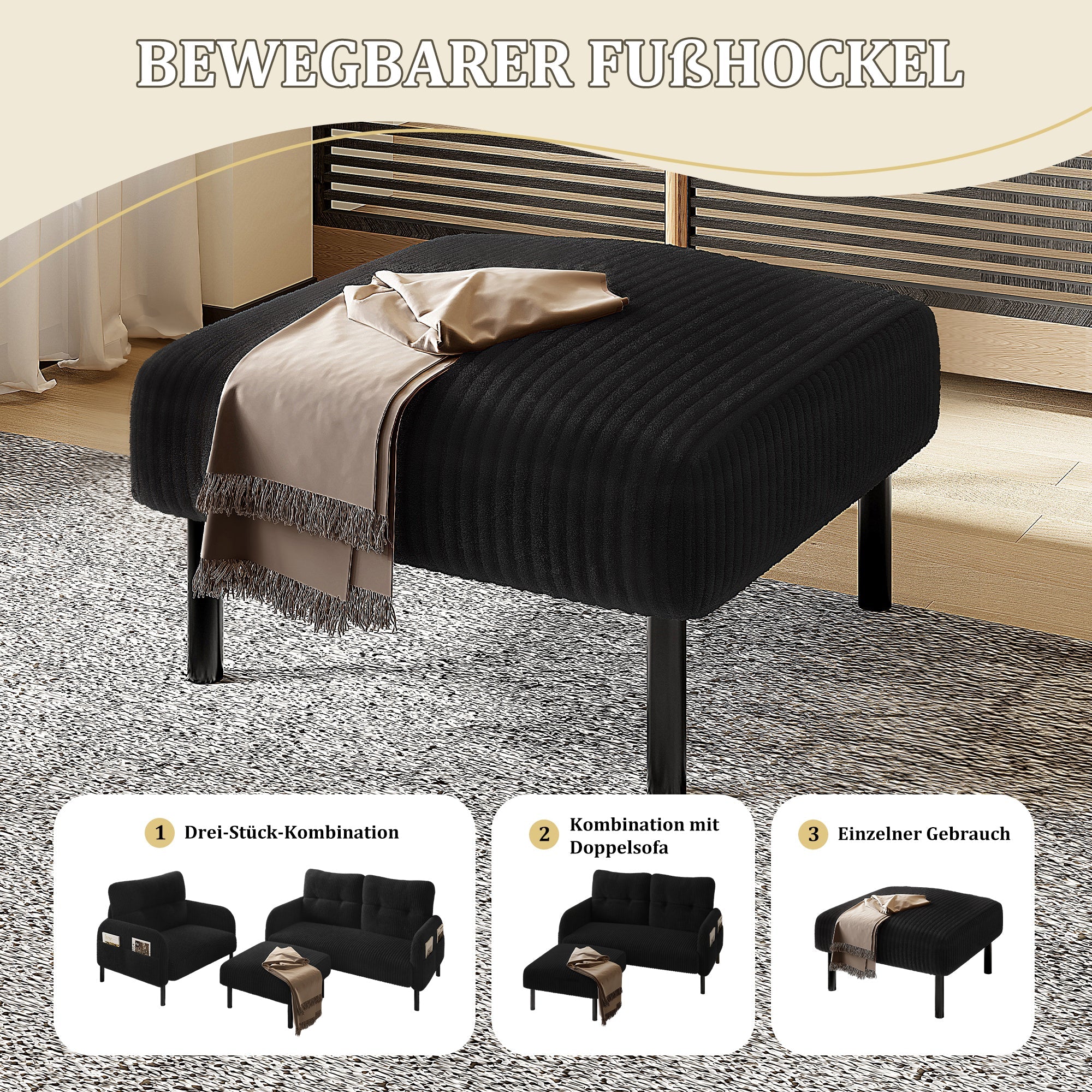 Premium Corduroy Stool with Metal Frame – Super-Soft Velour Cover