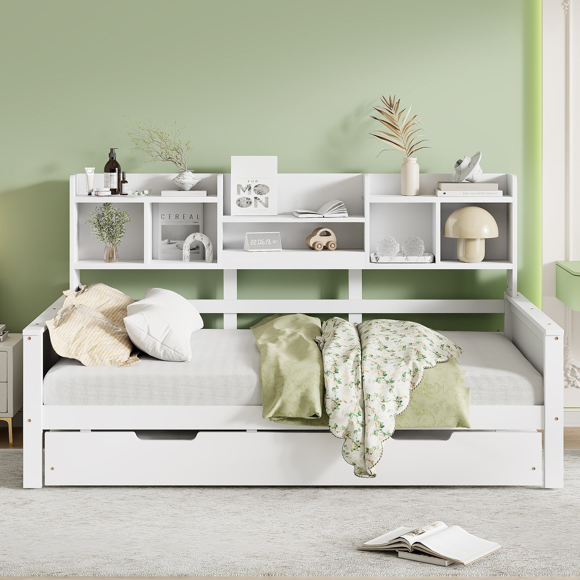 Extendable Sofa Bed 90x200CM Storage Pull-Out Bed, Pine Solid Wood White