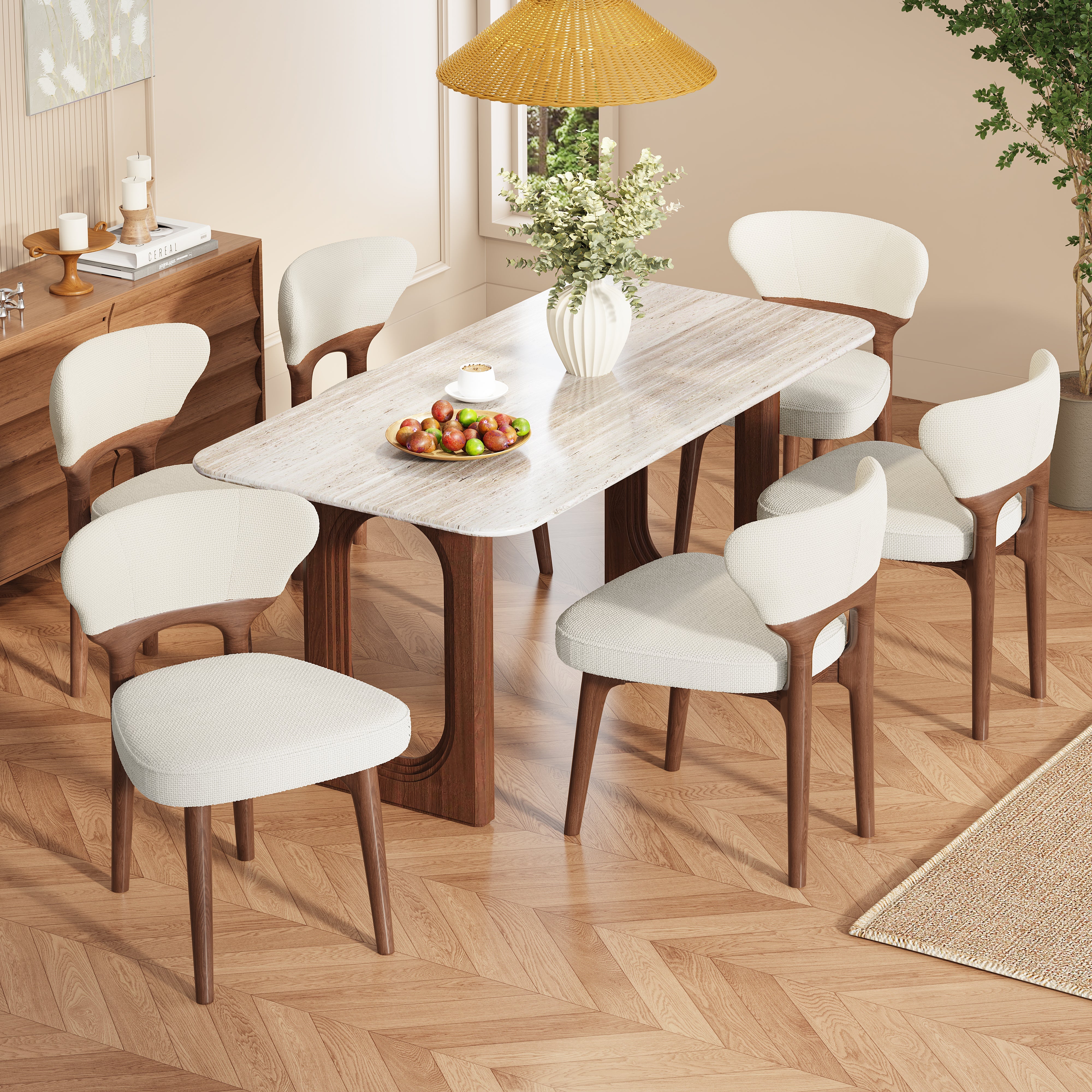 Set of 6 Solid Wood Dining Chairs, Modern Comfortable and Breathable, Light Beige Chenille