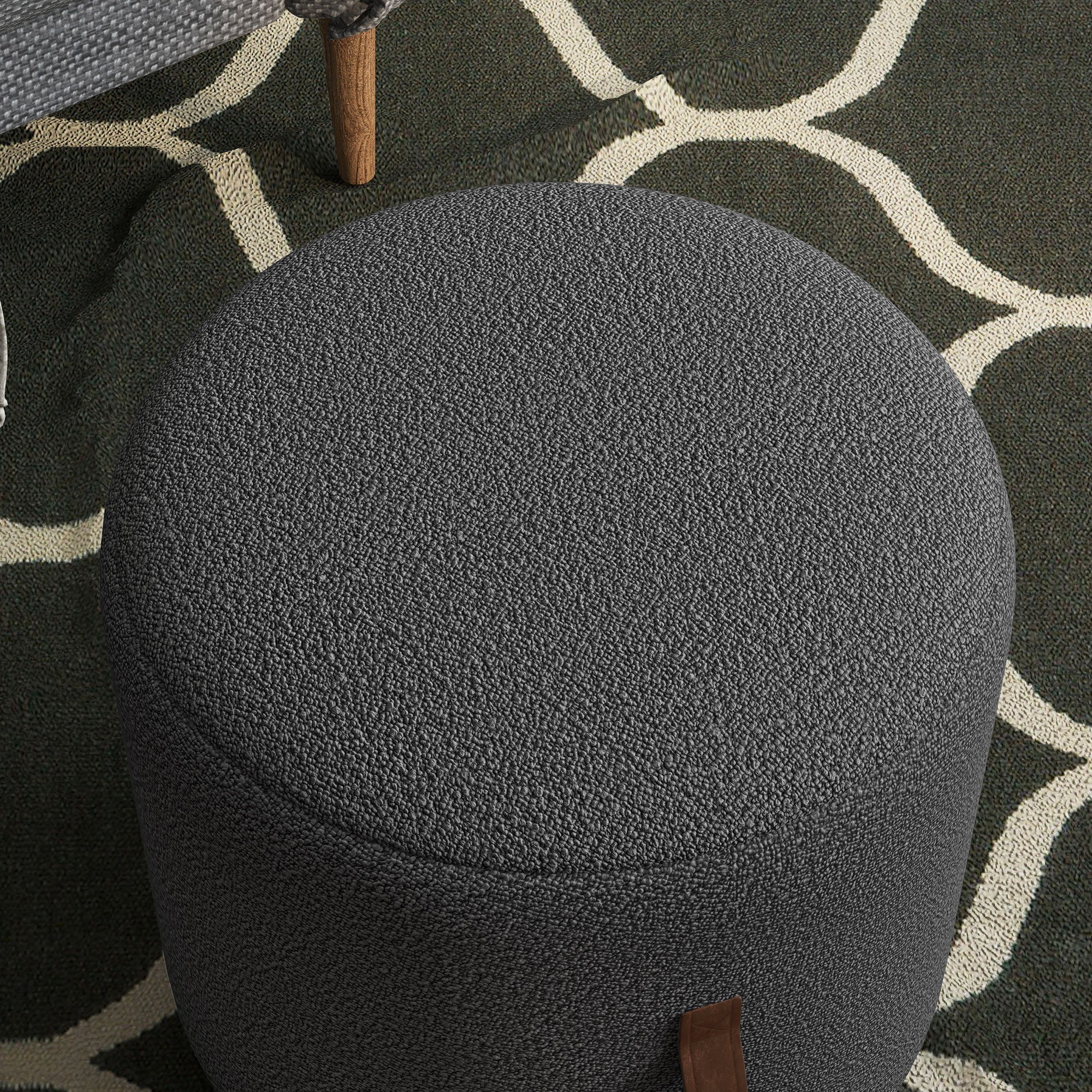 Round Ottoman/Stool Upholstered Footrest Handle Ø48x45cm, Dark Grey