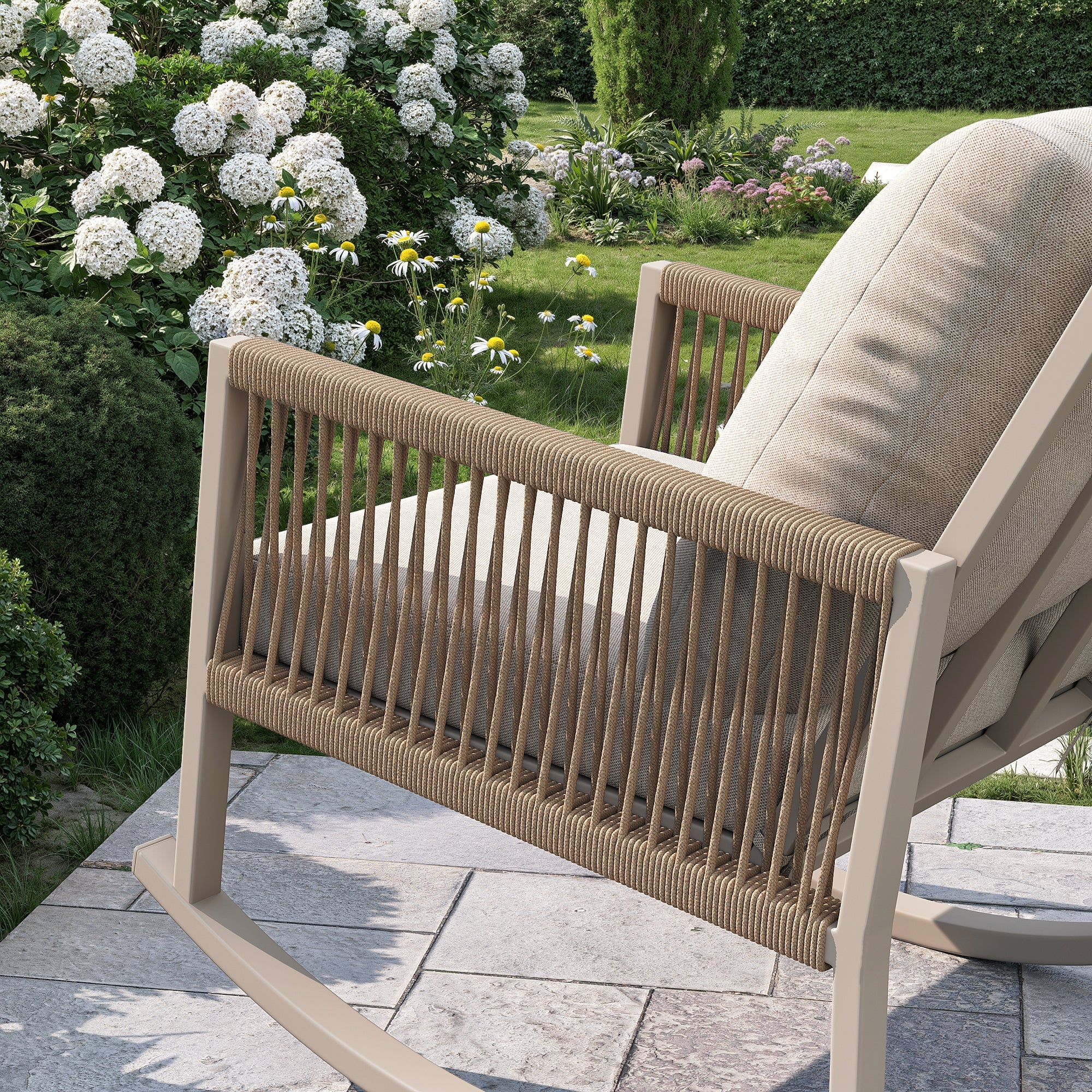 Outdoor Rocking Chair with Cross-Rope Weaving and Cushions, Weatherproof Metal Frame