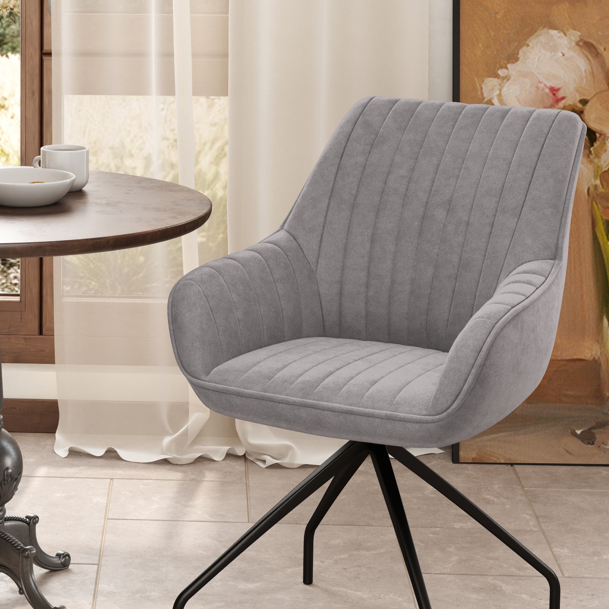 Swivel Lounge Chair, Armrests Metal Legs, Dark Grey Velvet