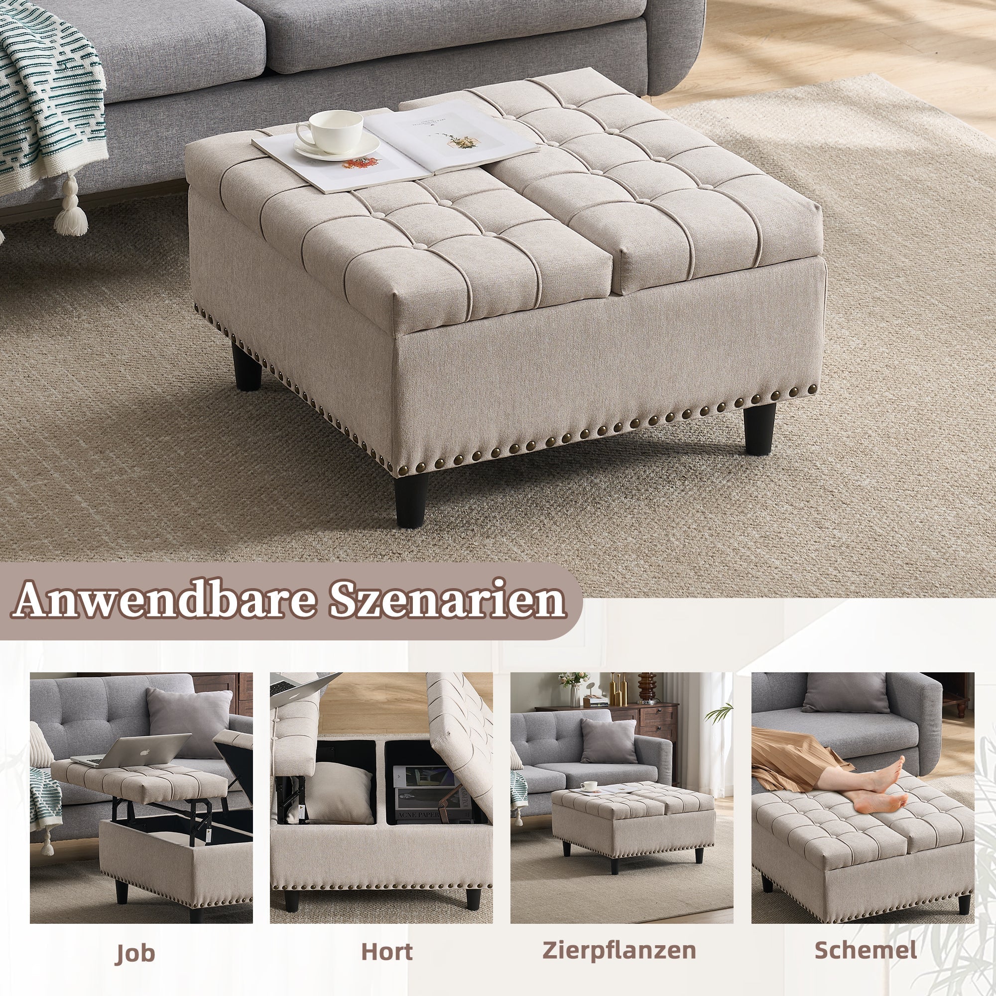 Storage Chair, Large Square Liftable Bench with Space, Beige