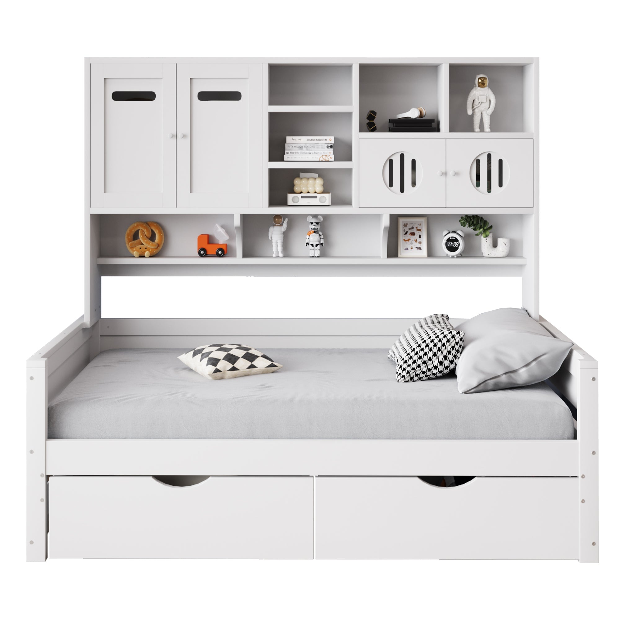 Wooden Sofa Bed, 90x200cm Multifunctional with Large Drawer & Slatted Frame, White
