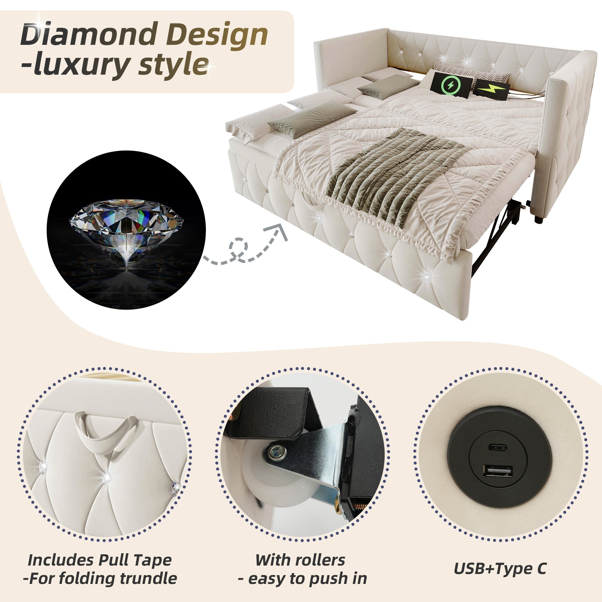 Daybed Sofa Bed with USB & Type C Charging Station, 3FT Single with Pull-out Trundle, Velvet Beige
