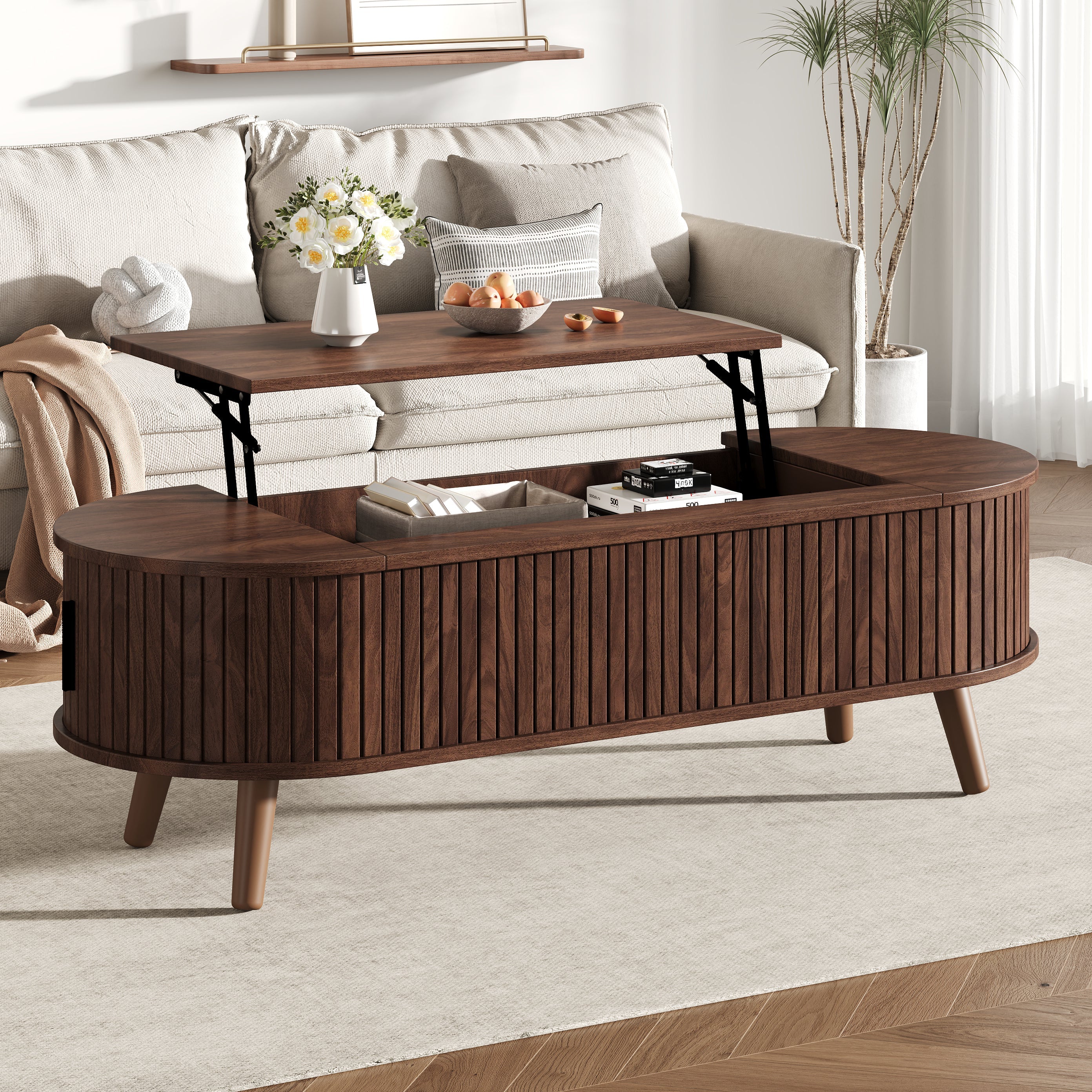 Coffee Table, Liftable with Hidden Storage & 5 Shelves, Walnut