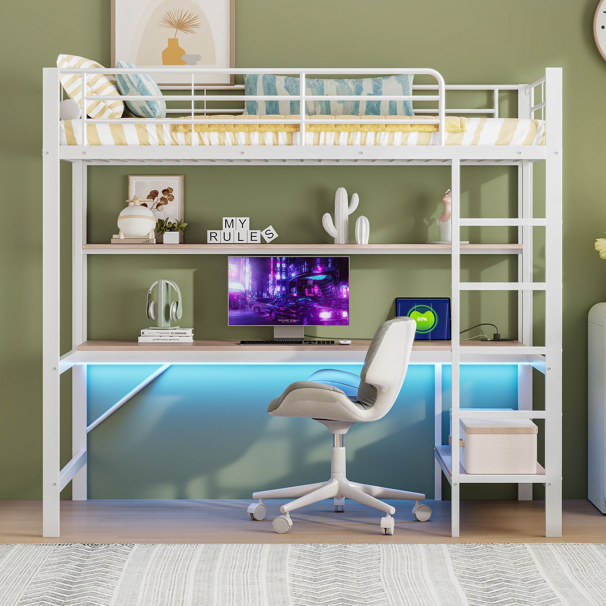 Loft Bed 90x200cm with Desk, Multi-Tiered Shelf, Ladder, USB, and LED Lights, Metal White