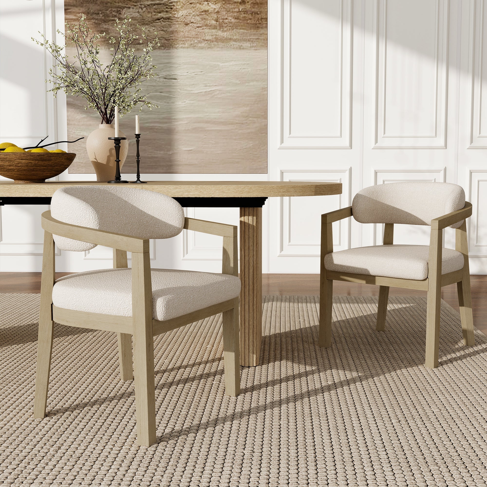Solid Wood Dining Chairs Set of 6, Modern Style for Living Room and Cafe, Natural Bouclé