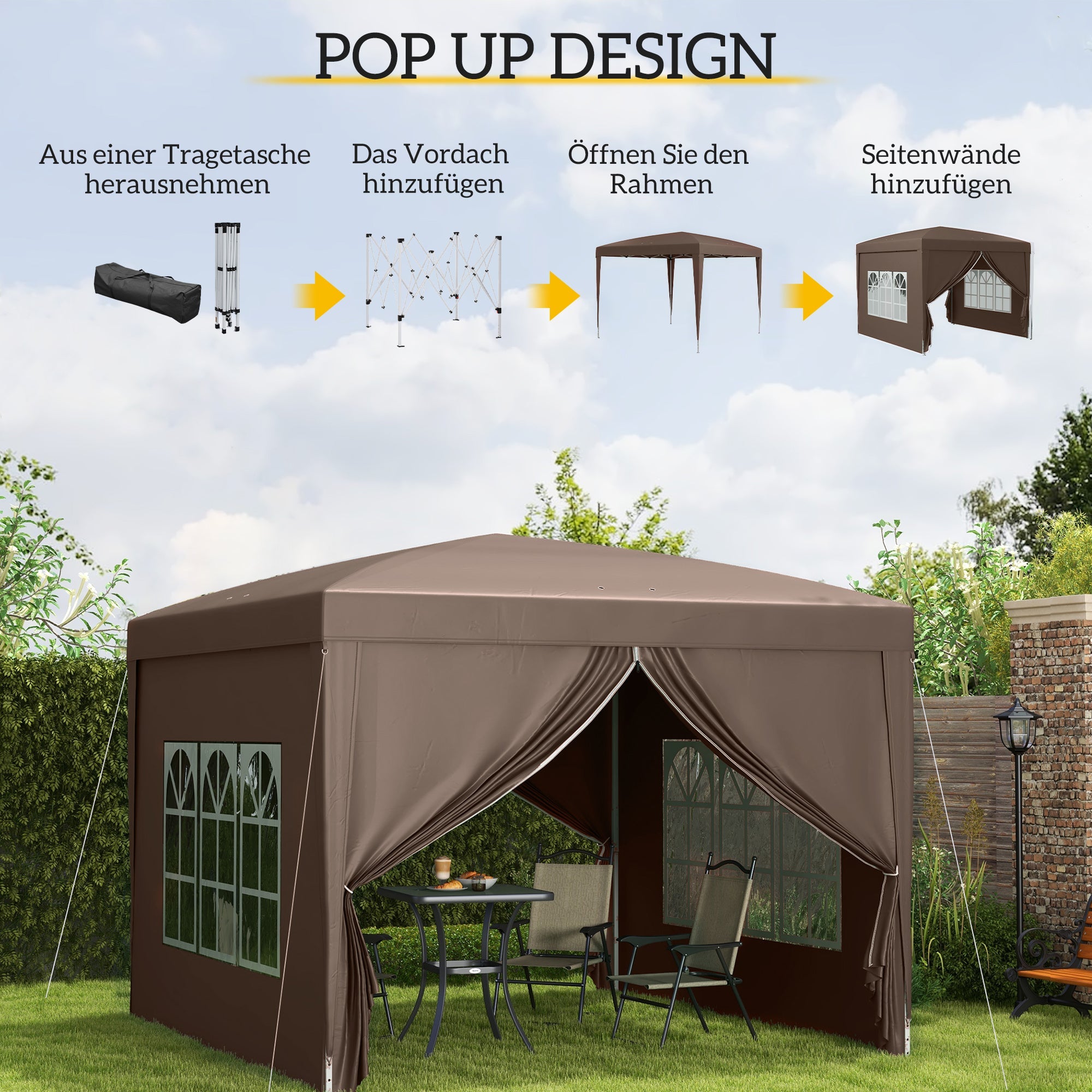 Gazebo 3x3m, Water-Repellent Stable Pop-Up with 4 Side Panels, Coffee