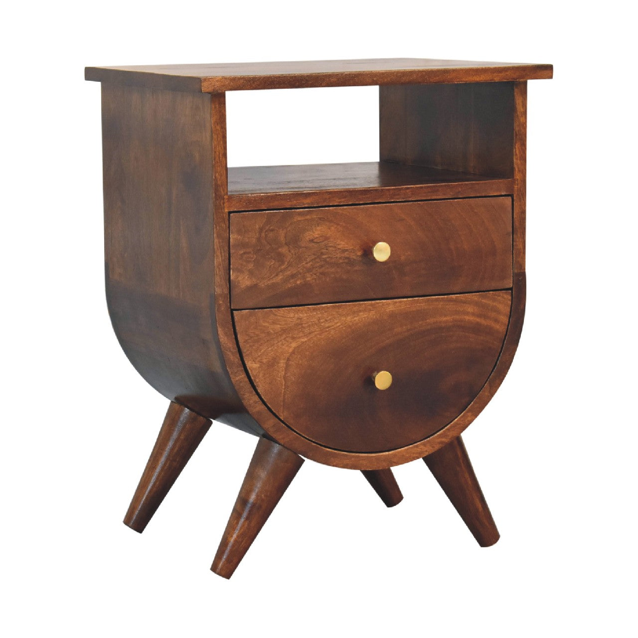 Solid Wood Bedside, 2 Drawers 1 Open Slot, Chestnut Brown
