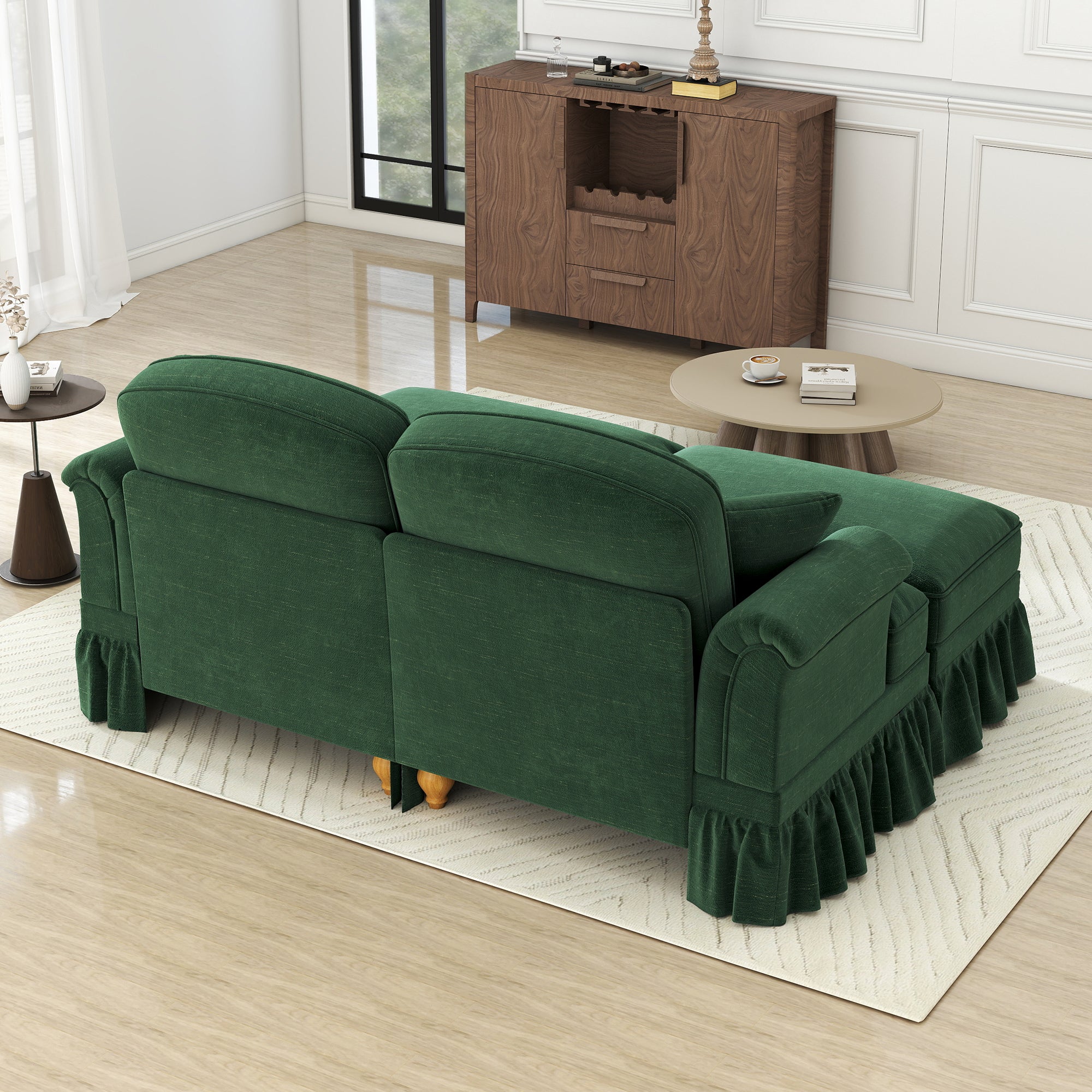 Classic Modular 2-Seater Sofa Movable Ottoman Funnel Armrests Chenille Green