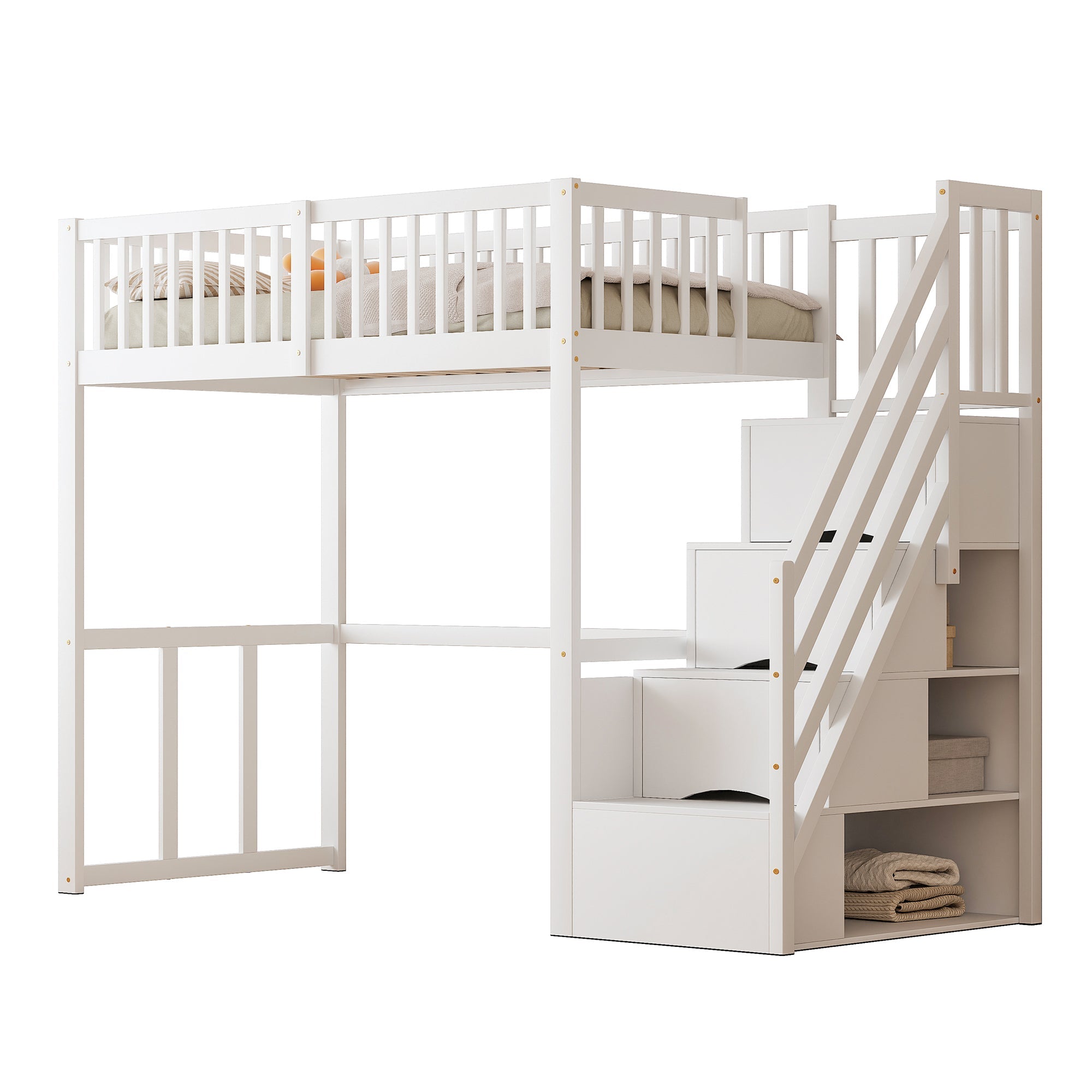 Loft Bed with Safety Storage Ladder, 90x200cm, White Solid Pine Wood