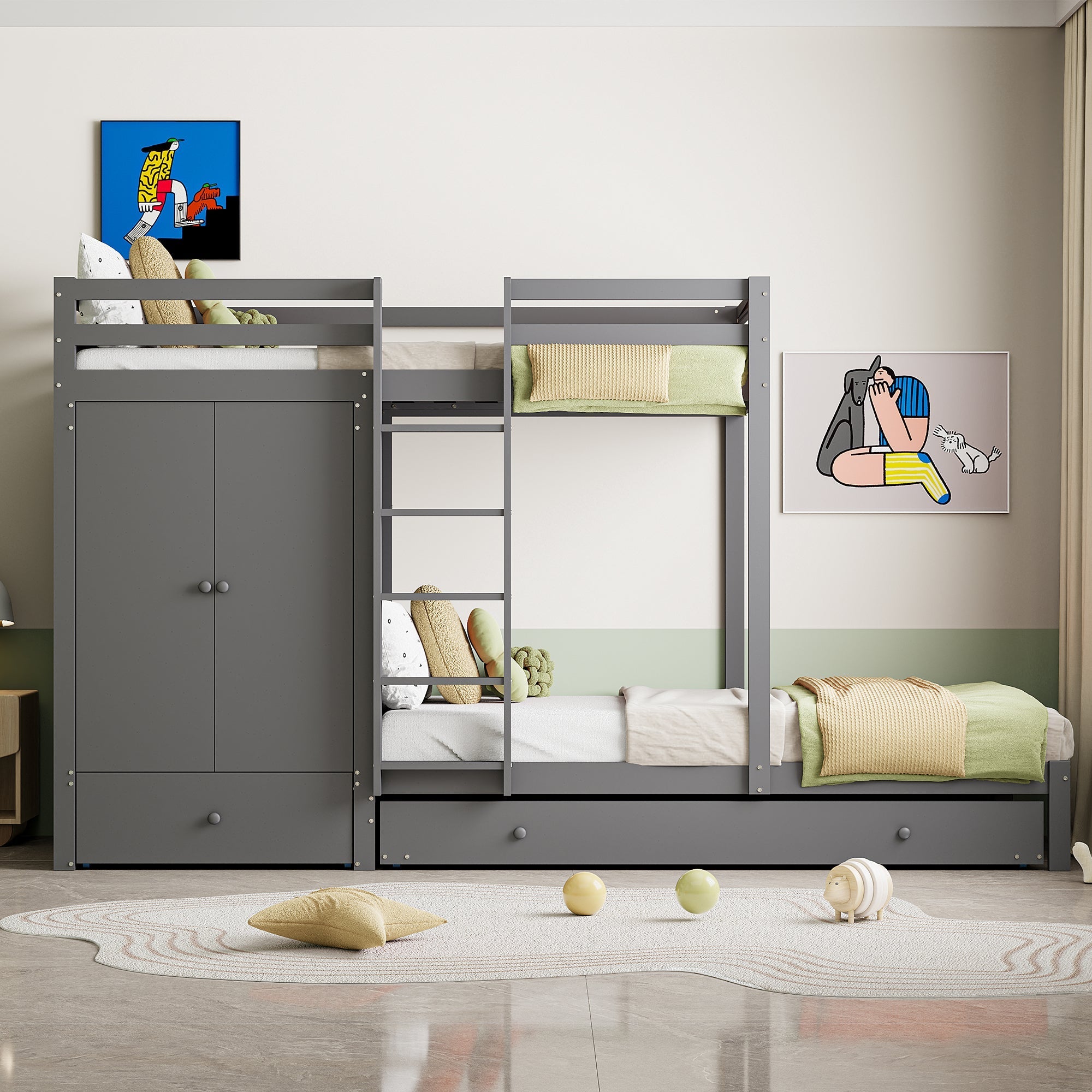 Bunk Bed, 90x200 Pull-Out, Multifunctional with Wardrobe, Drawers & Storage, Solid Wood Grey