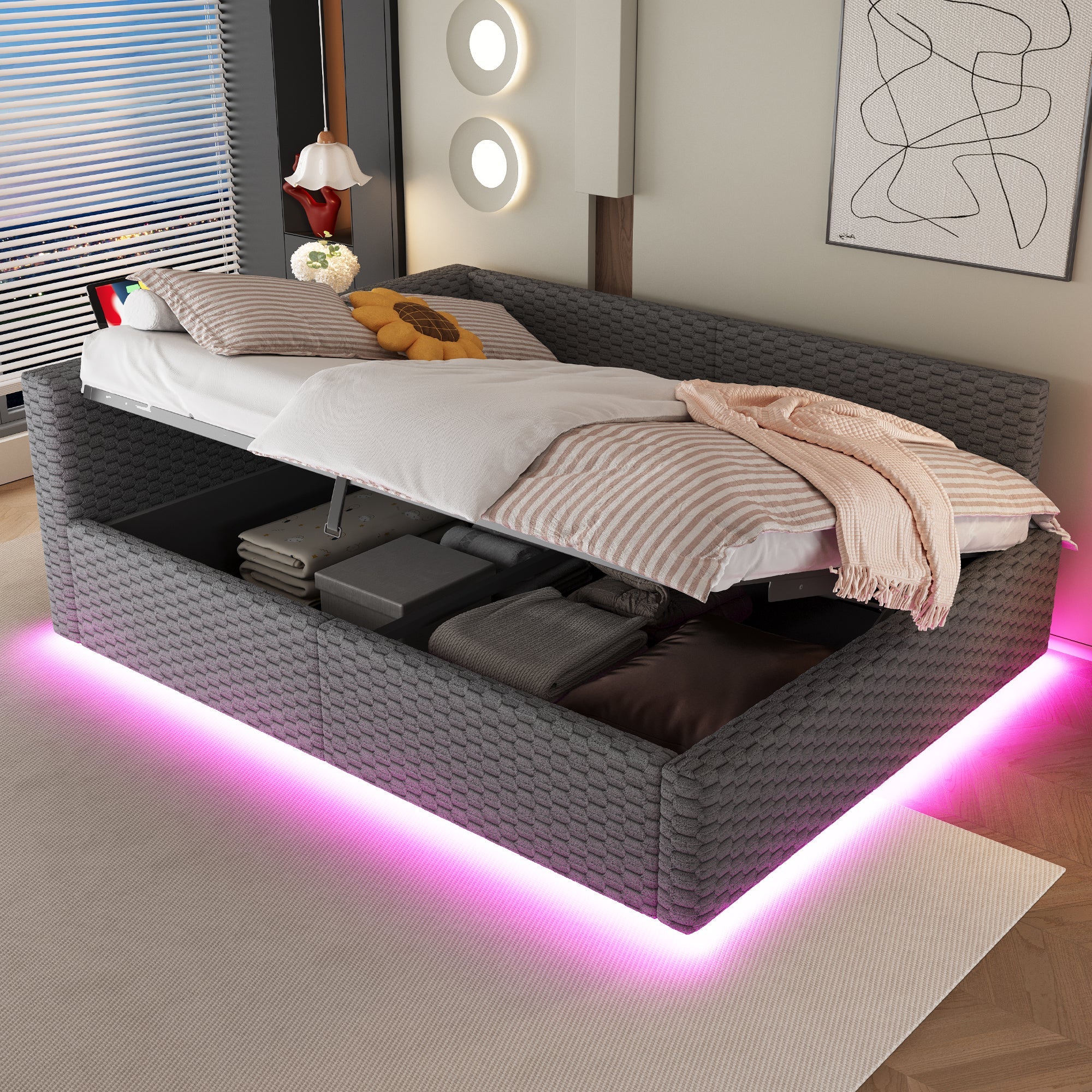 Upholstered Bed with LED, USB-C/USB and Hydraulic Storage, 140x200cm, Grey Velvet