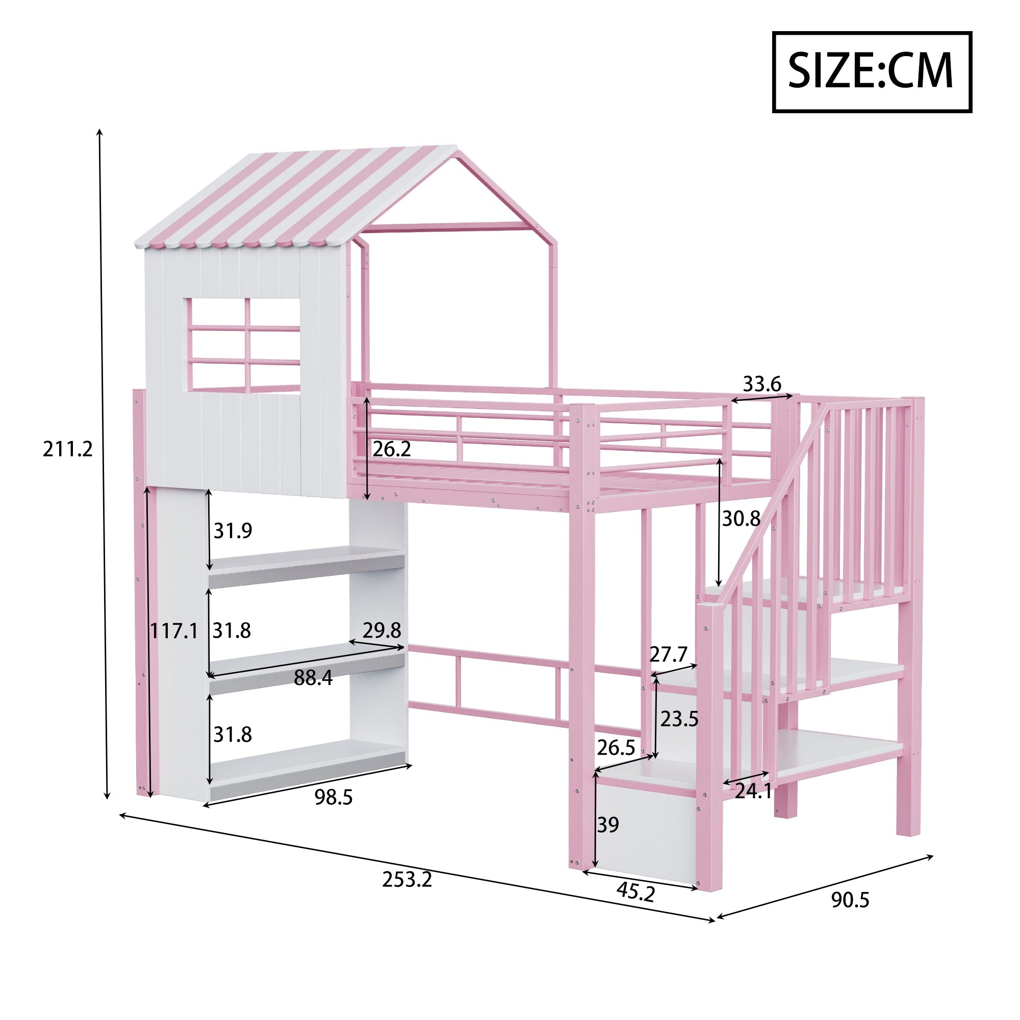 Iron Loft Bed with House Design, Storage Shelf and Safety Rail, 90x200cm, Pink Iron