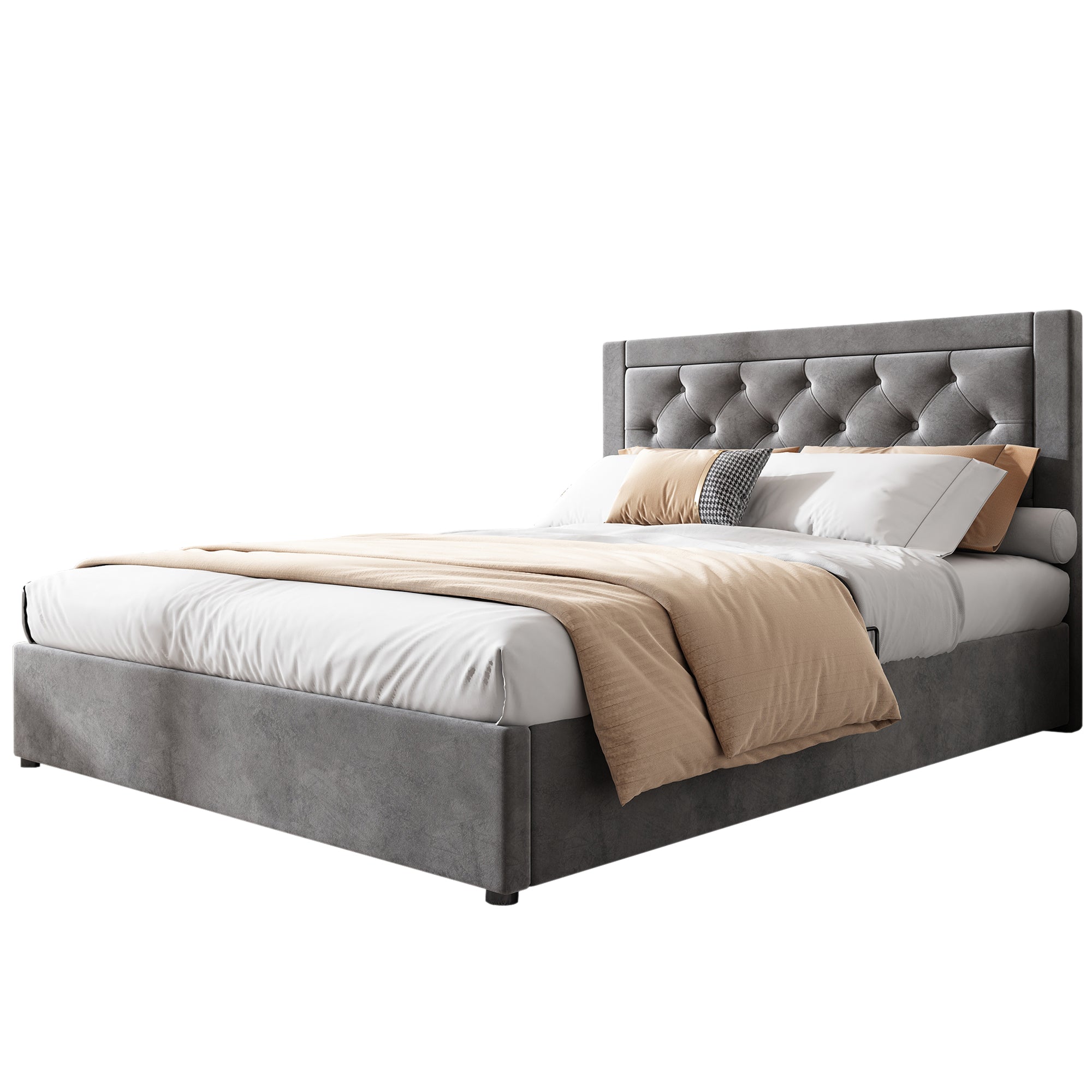 Upholstered Storage Bed with Chesterfield Headboard and Drawers, 140x200cm, Grey Velvet