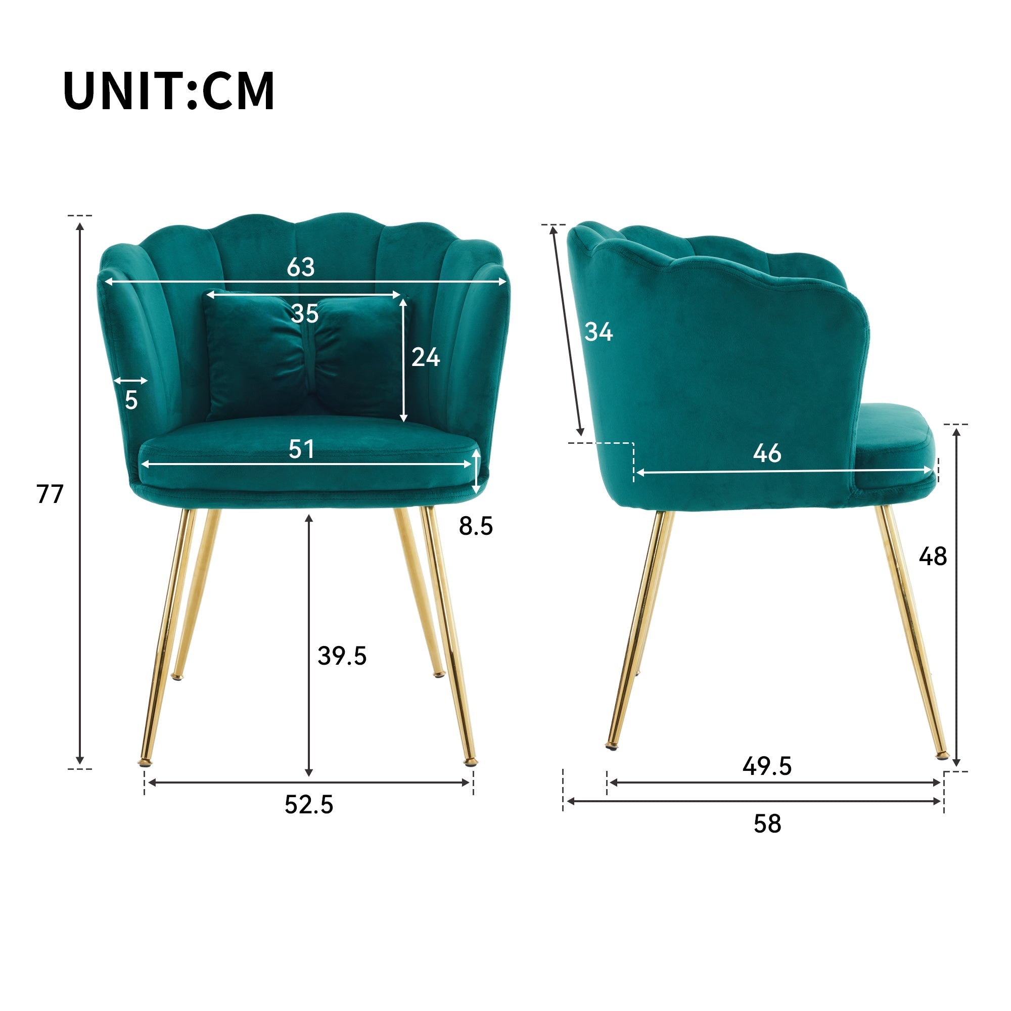 Velvet Chairs, Set of 2 Modern Upholstered with Petal Back & Butterfly Cushion, Gold Metal Legs