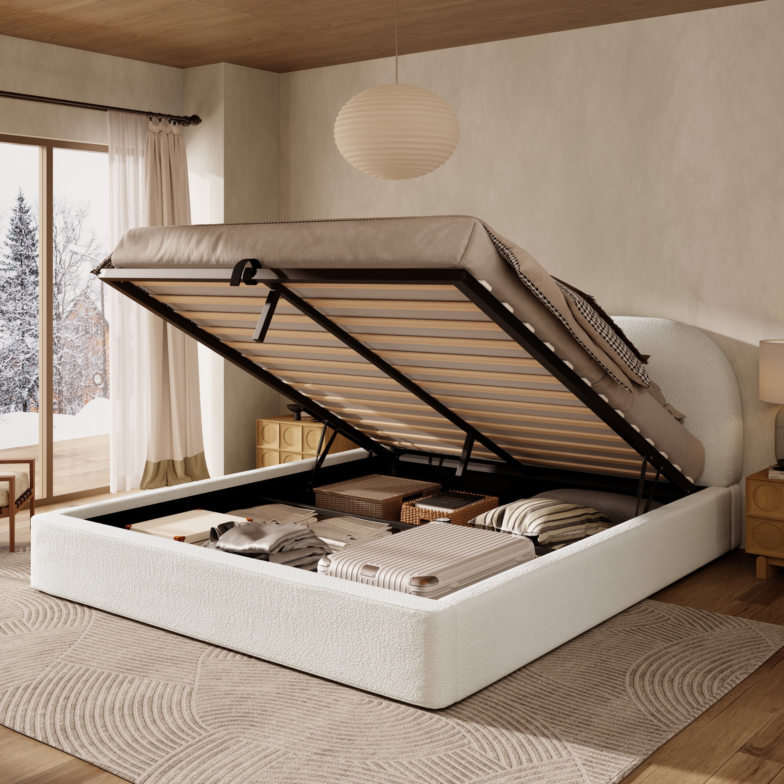 Upholstered Double Bed 180x200cm with Hydraulic Storage and Slatted Base, Beige Bouclé