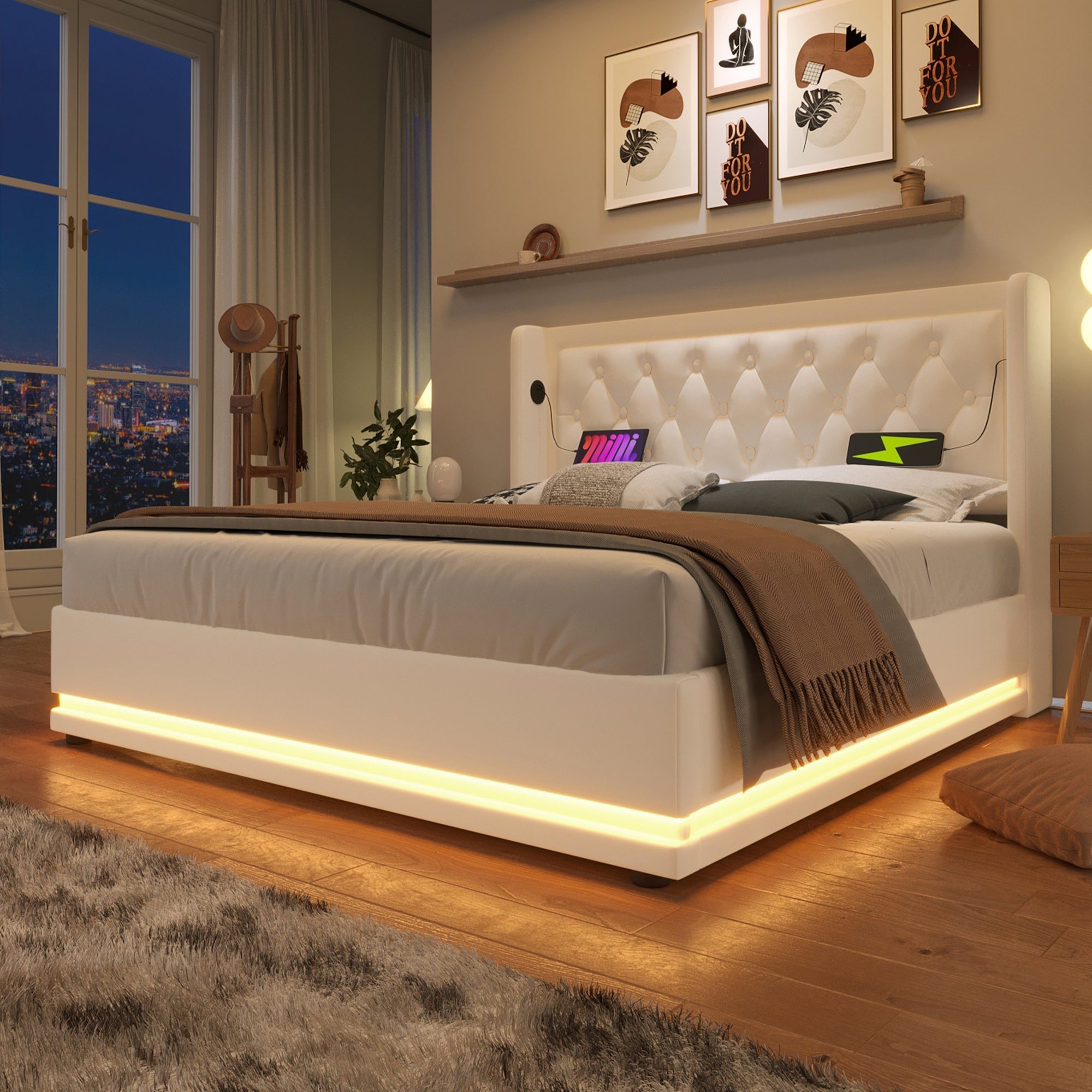 Upholstered Double Bed, Hydraulic Storage, USB-C, LED, White PU